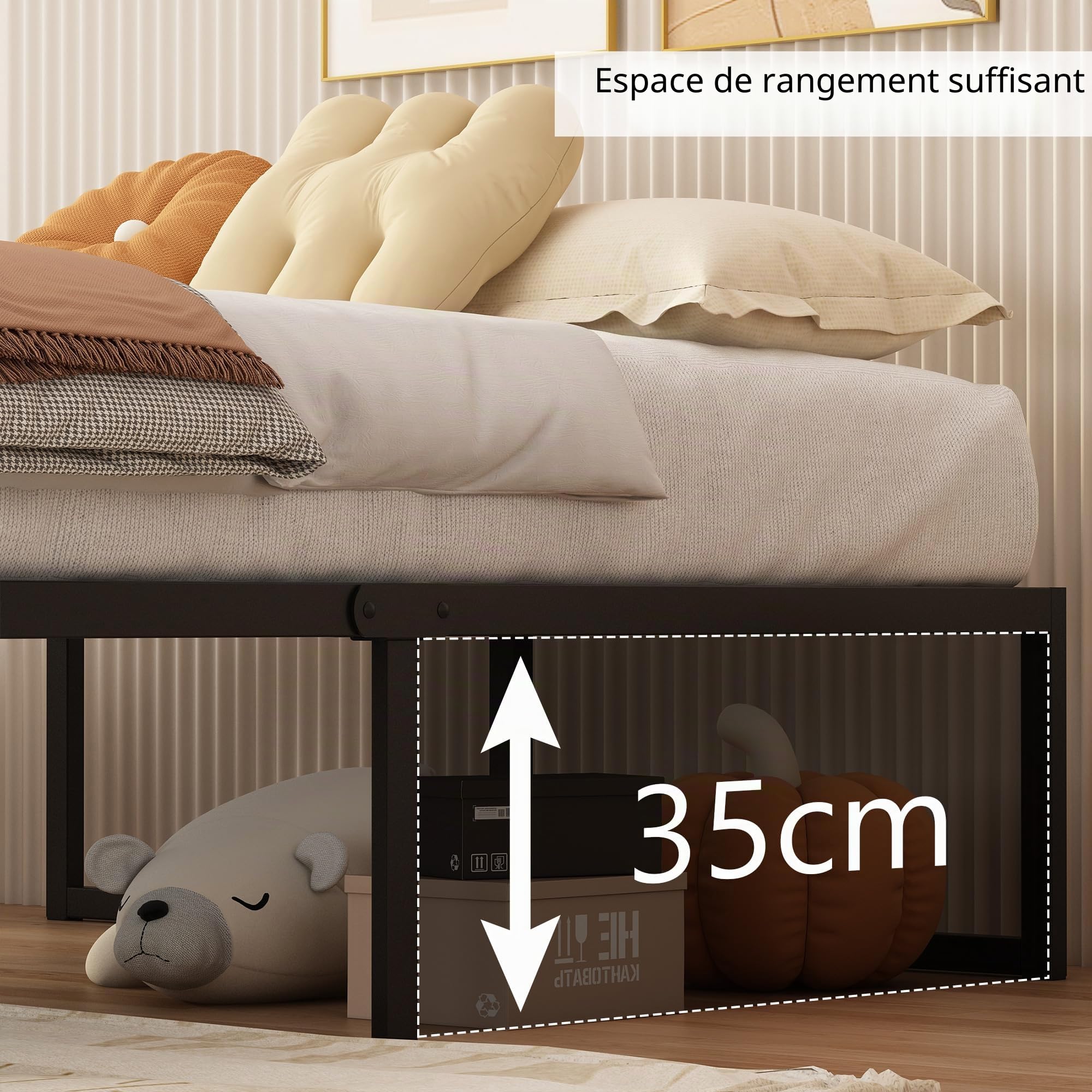 Yicensen Petit Cadre de Lit Double 120 x 190 cm, Lit Plateforme en Métal avec Support à Lattes en Acier, Montage Facile, sans Bruit, Pas Besoin de Sommier Tapissier, 41 cm de Haut, Noir