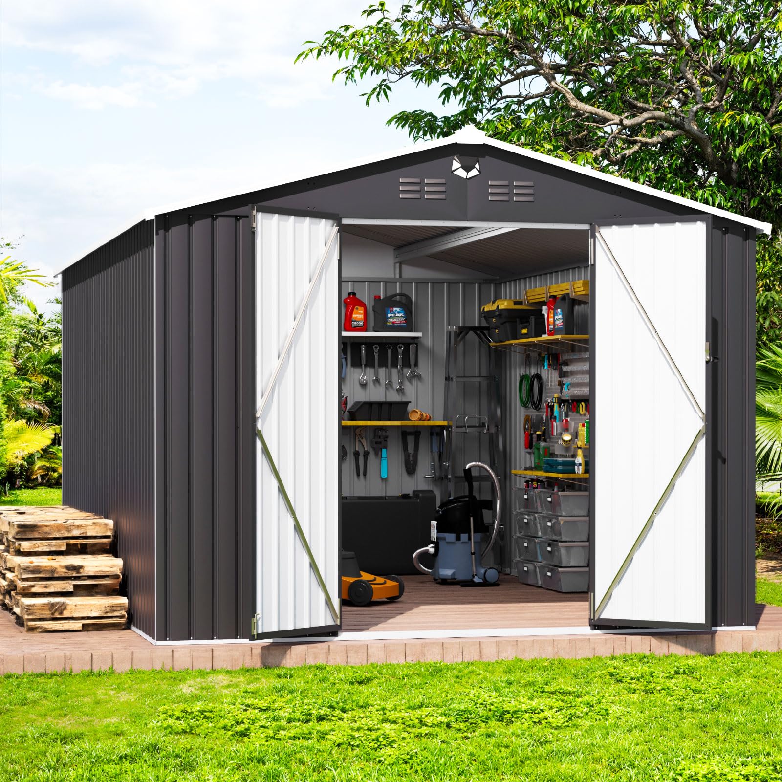 10x14 FT metal outdoor storage shed with solar light