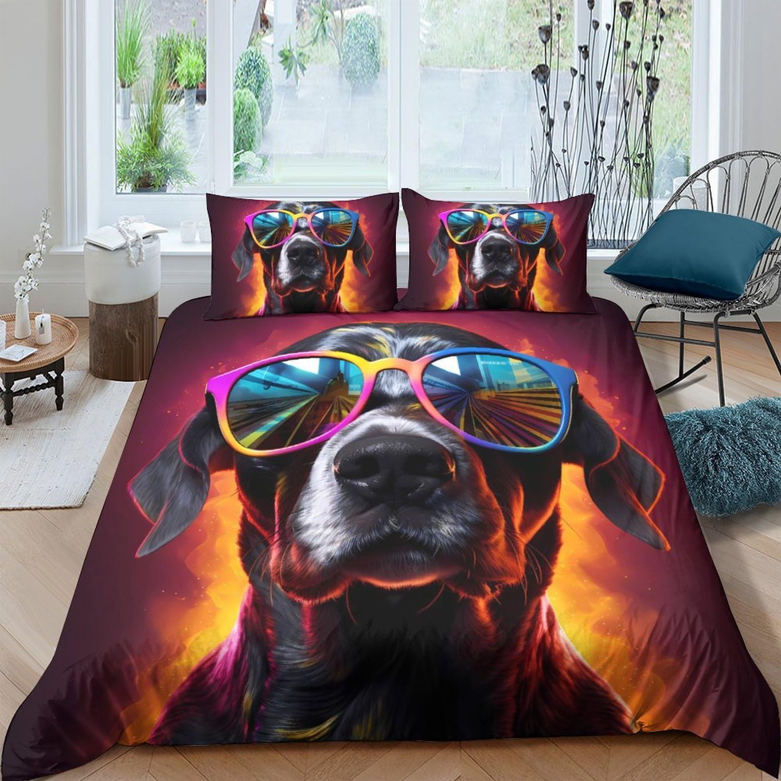 Ctjqhvkz Style-1 3D Printed Cool Dog Sunglasses Fitted Sheet Microfiber Soft Slip Resistant Bed Cover Washable For Bedroom Dorm Decor Single（135X200cm）
