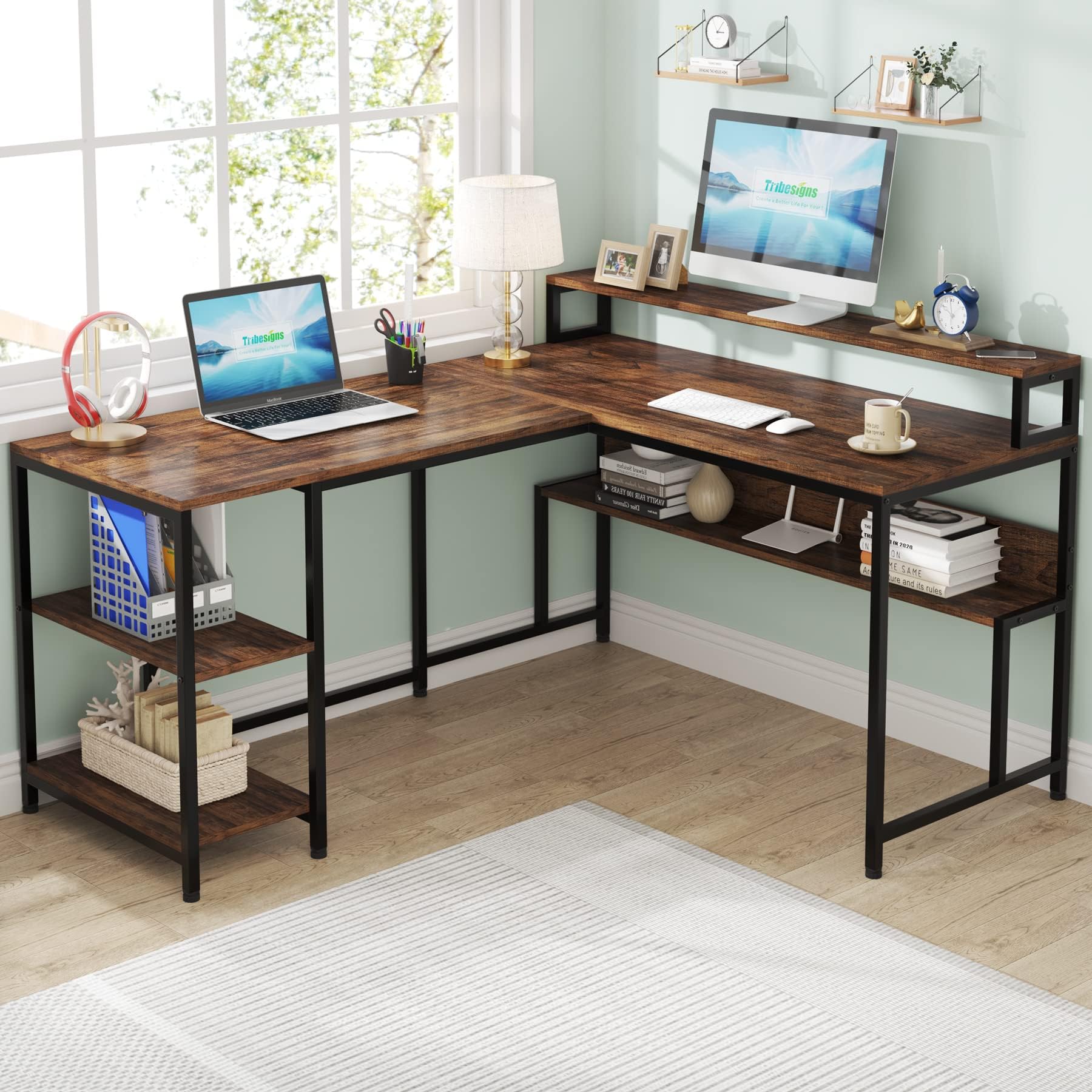 Tribesigns L Shaped Desk with Shelves, 59" Reversible Computer Desk with Monitor Stands, Corner Gaming Desk for Home Office, Study, Easy to Assemble, Rustic Brown