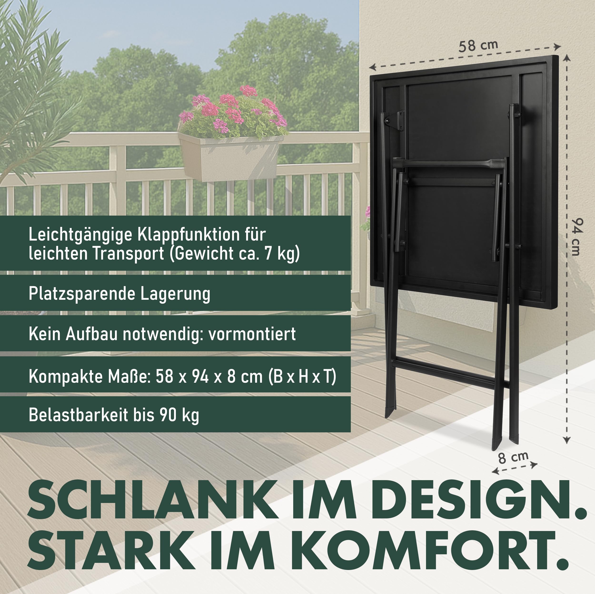 BRUBAKER Gartentisch Bergamo - 58 x 58 cm Balkontisch wetterfest - Metall Beistelltisch klappbar - Campingtisch eckig mit Stein Optik - Klapptisch für Balkon, Terrasse - Bistrotisch - Grau