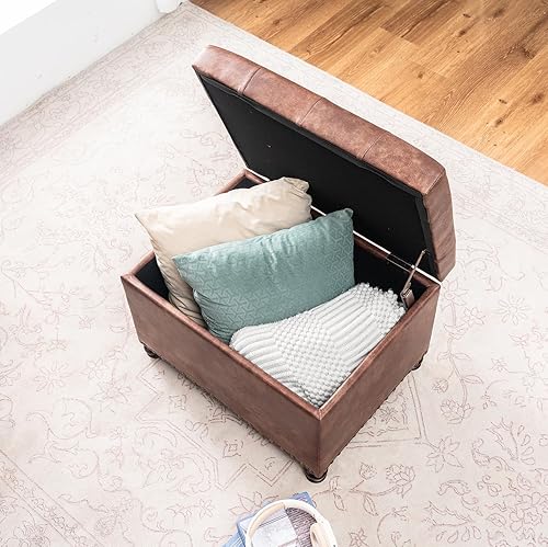 Miniatura 2 de Joveco Otomano de Almacenamiento de Cuero, Banco Acolchado Cuadrado de 24" con Bordes Deshilachados, Taburete con Patas de Madera, Reposapiés para