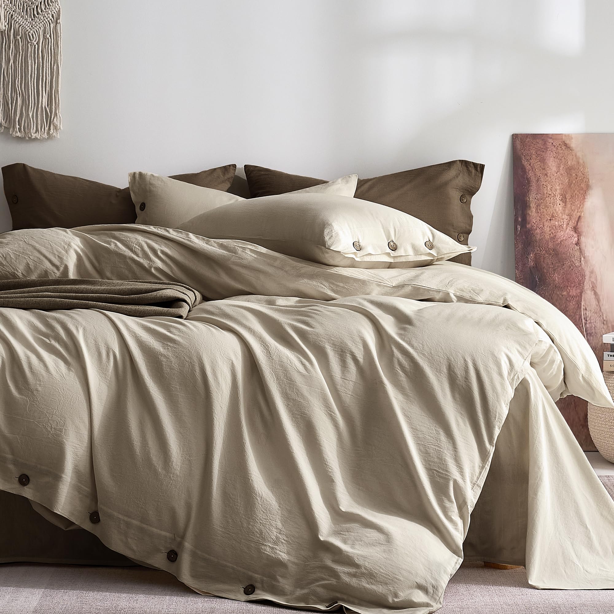 JELLYMONI 100% Washed Cotton Oatmeal Duvet Cover Queen, Linen-Like