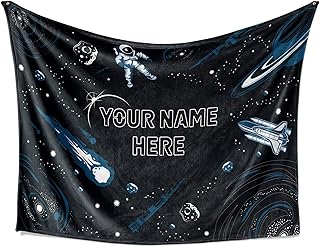 Personalized Space Blanket for Kids | Rocket Ship Sleeping Throw Blanket | Custom Kids Blanket | Soft Warm Blanket | Travel Blanket | Baby Blanket for Boys and Girls (Space V4, Fleece - 50