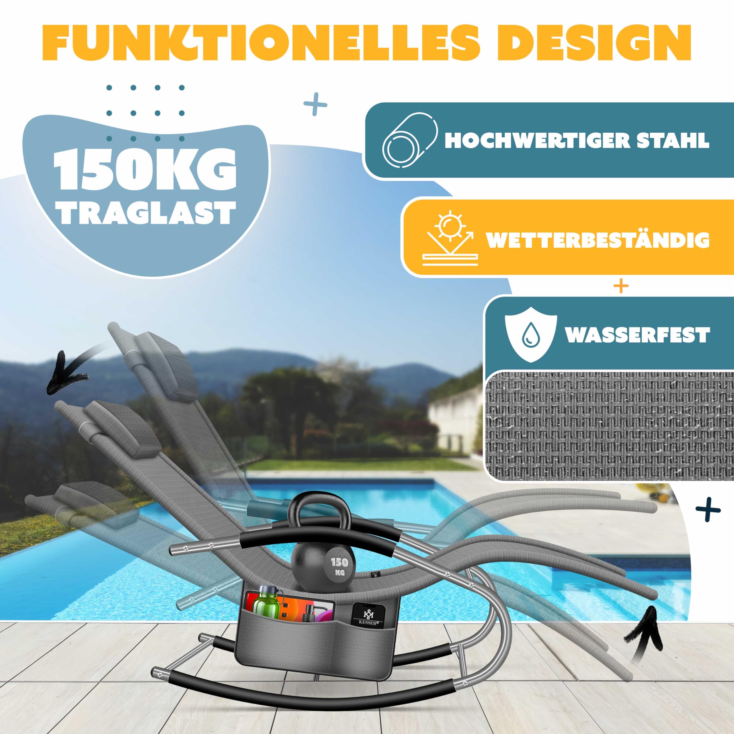 KESSER® Tumbona Plegable de jardín | Silla Plegable | Tumbona | Silla Mecedor ergonómicas reclinables | Resistente a la Intemperie | 150 kg de Carga