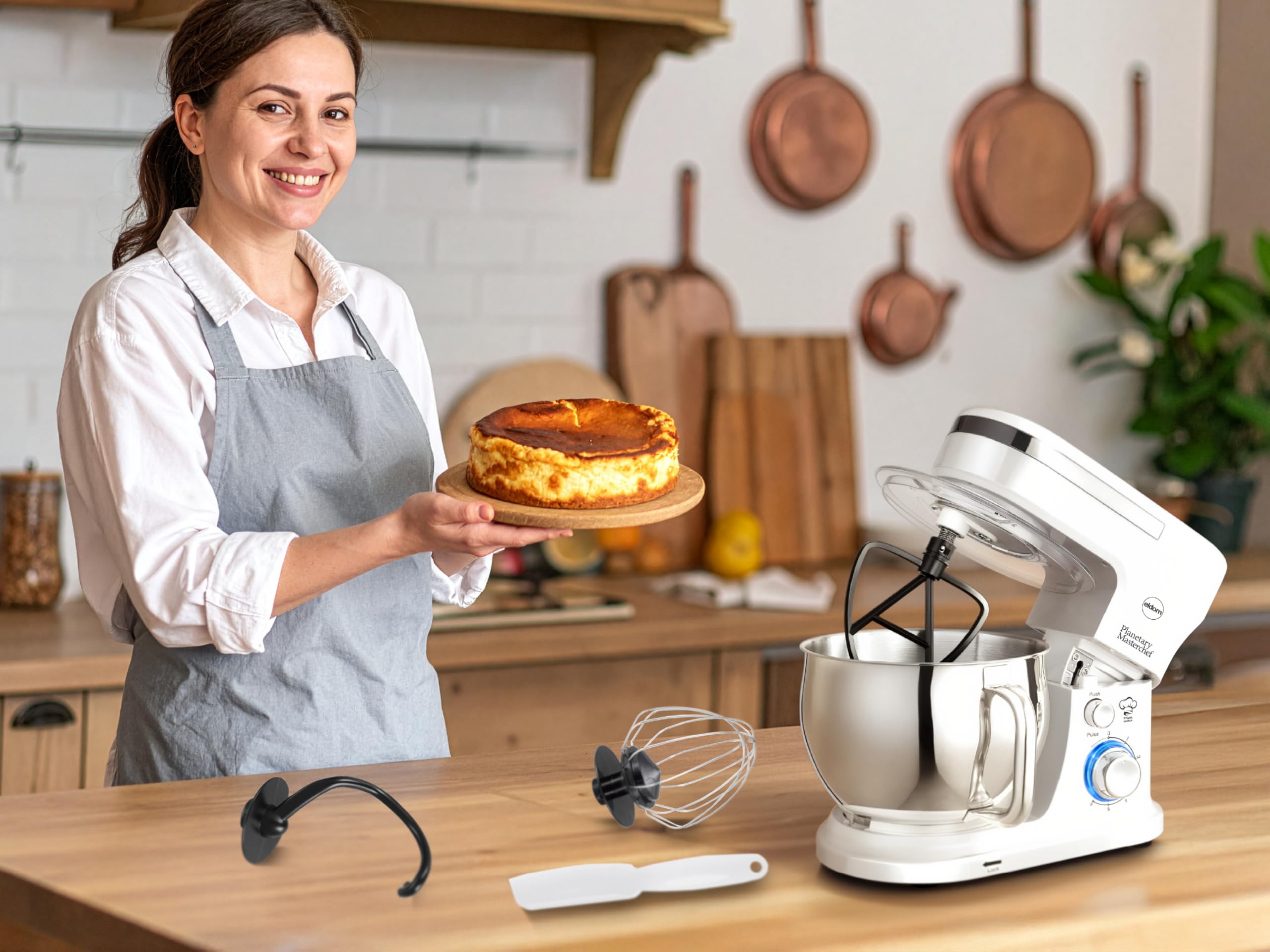 Robot de cocina 1300 W, batidora planetaria de 5 L, 6 velocidades + pulso, engranaje de metal, máquina de amasar con gancho para amasar, batidor y gancho para mezclar, color blanco WRK1300 Eldom