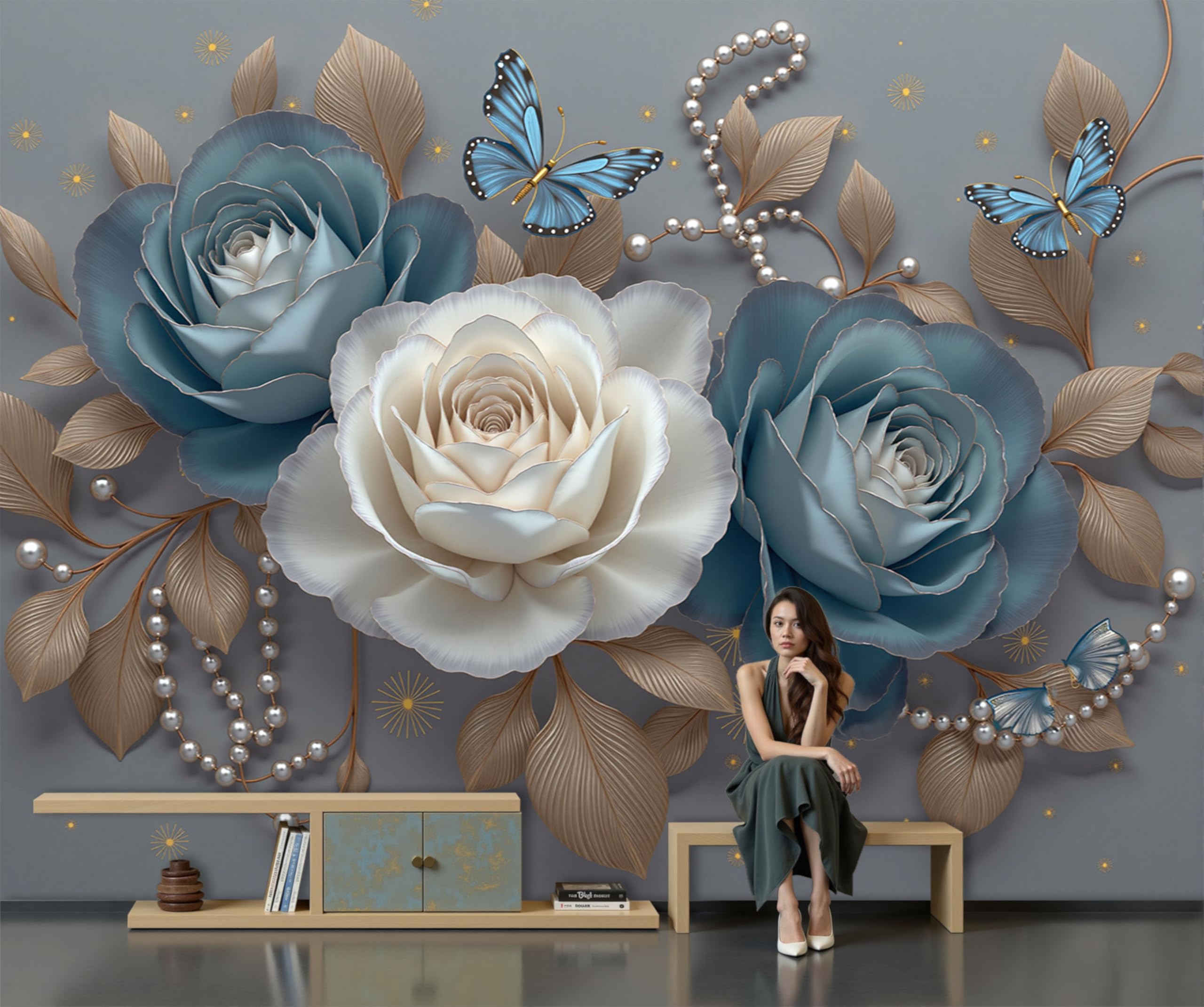 Papier Peint Panoramique Bleu Fleurs 3D Réalistes 350x256 cm