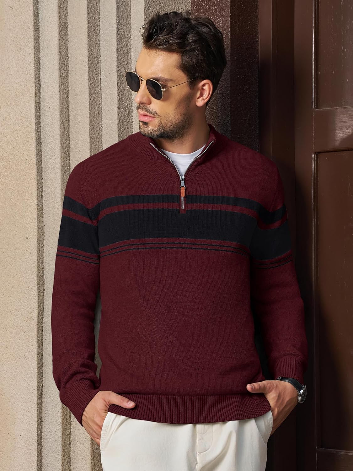 MAGNIVIT Men's Sweater Quarter Zip Striped Pullover Fall Winter Spring Color Block Polo Sweatshirts - Image 2