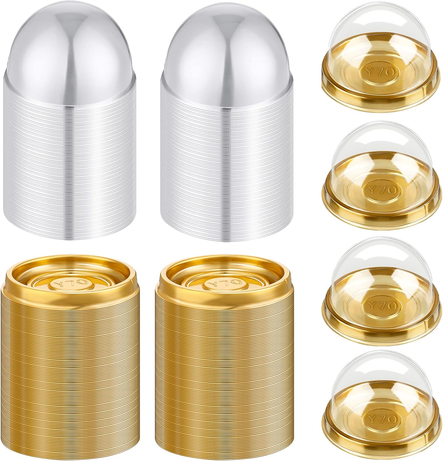 Patelai 200 Pcs Mini Cupcake Boxes Containers Clear Plastic Muffins Cheese Pastry Containers with Dome Lids for Wedding Birthday Party Gifts Supplies, 2.87 x 2.87 x 1.97 Inch (Gold)