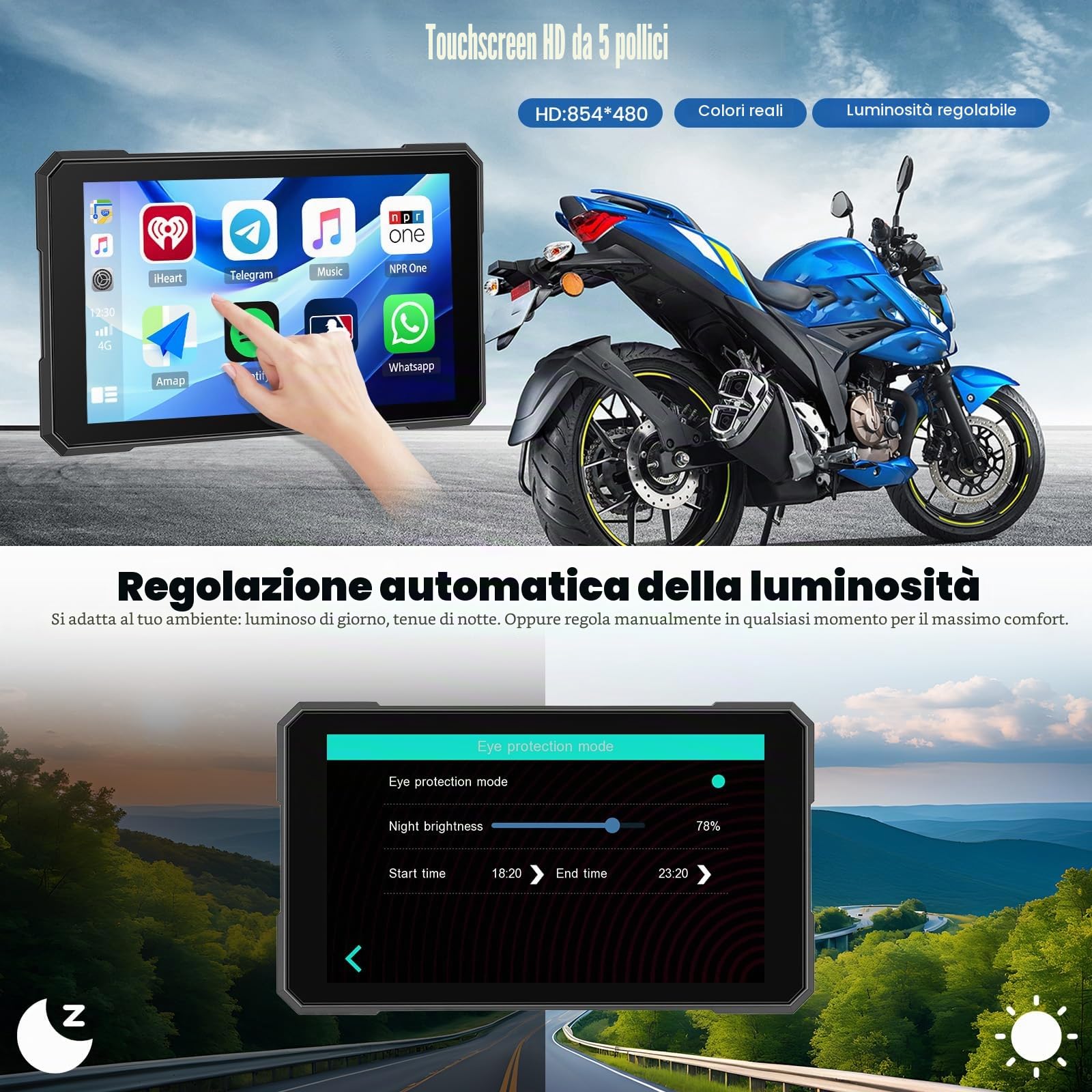 SIXWIN Senza Fili Schermata Carplay Per Moto, Portatile CarPlay & Android Auto Per Moto, 5 Pollici IP67 Impermeabile Touchscreen,Supporto Doppio Bluetooth, Navigazione GPS, Siri, G00gle