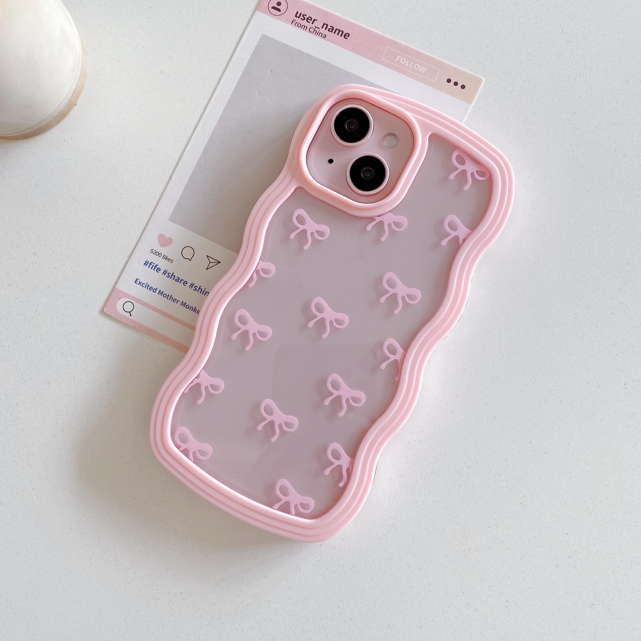 QLTYPRI Etui na telefon iPhone 14 Plus/iPhone 15 Plus, przezroczyste, z uroczą wstążką, z kokardką, estetyczne, smukłe, miękkie, przezroczyste, dla kobiet, dziewcząt, odporne na wstrząsy, różowe