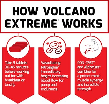Force Factor Volcano Extreme, Pre Workout Nitric Oxide Booster Supplement for Men with Creatine, L-Citrulline, and Huperzine A for Better Muscle Pumps, 90 Count (Pack of 3)