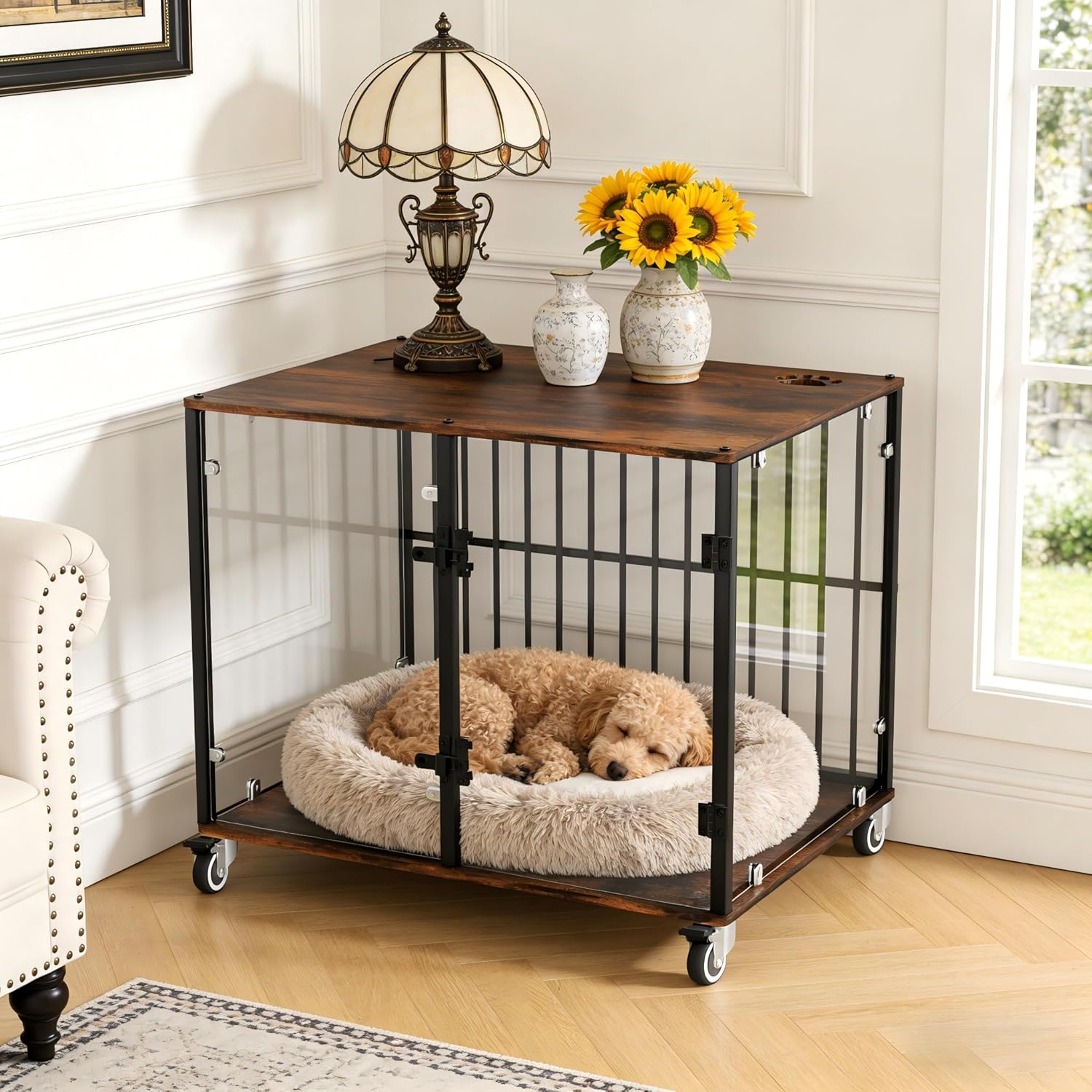 Bingopaw Dog Crate Furniture: Indoor Puppy Kennel Made by Clear Tempered Glass Breathable with Wooden Table - Decorative Pet Cage Lockable with Rolling Wheel for Small Medium Dogs