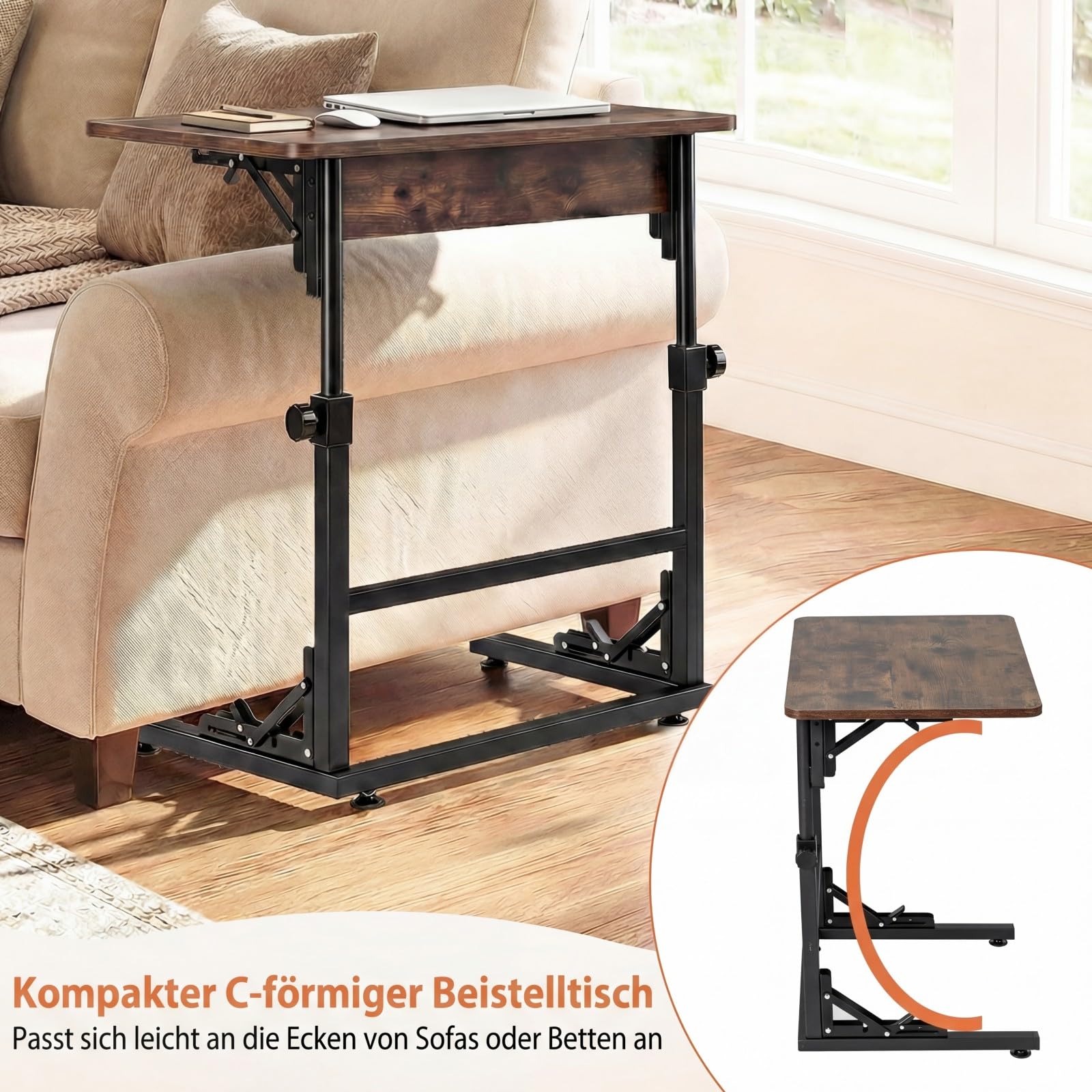 COSTWAY Betttisch, höhenverstellbarer Pflegetisch klappbar, Laptoptisch C-Form aus Metall & Holz, Beistelltisch, Krankentisch für Krankenhaus & Zuhause, 59,5 x 39 x 51-66 cm