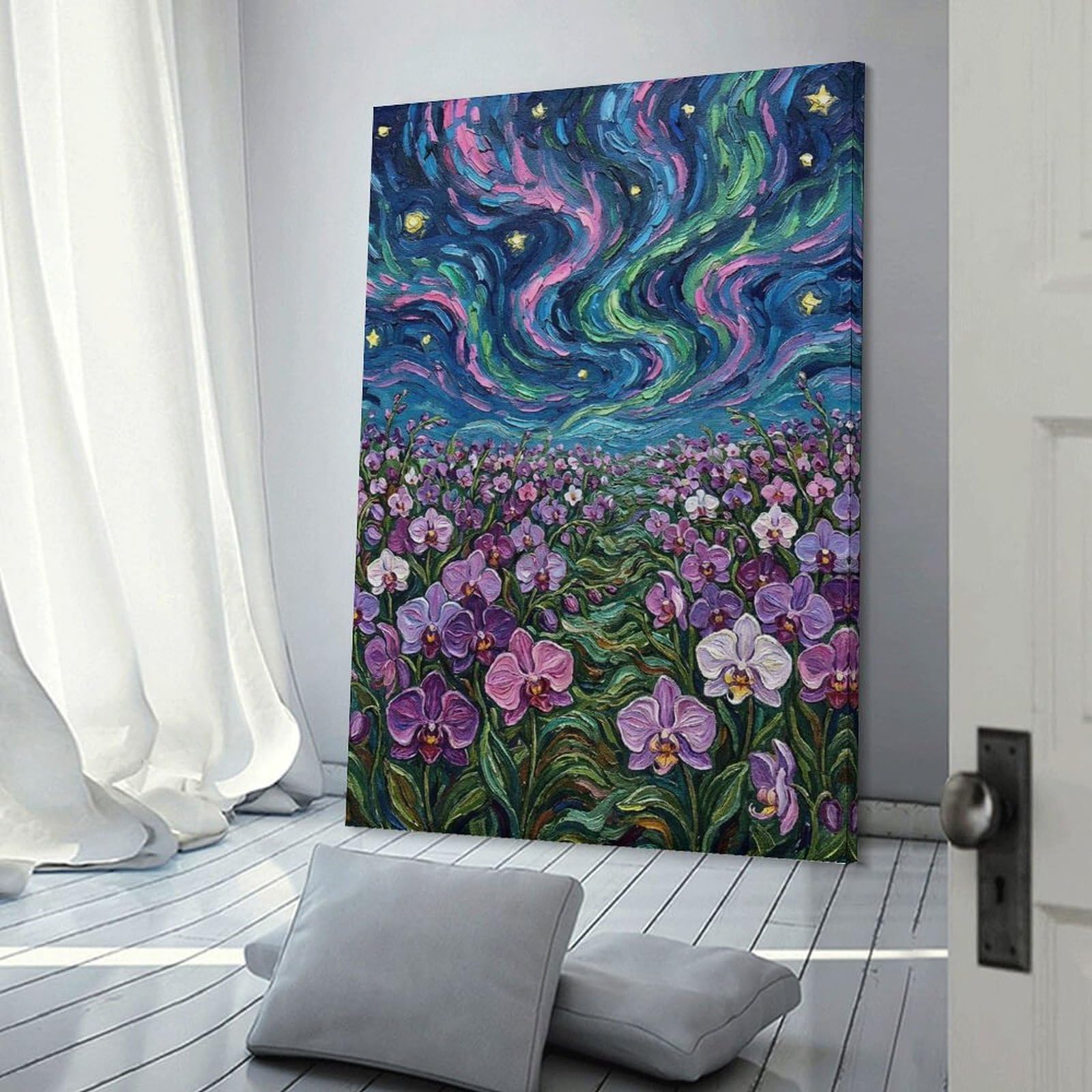Junmoney Orchid Field Under Northern Lights Wall Art Print, 24x36inch(60x90cm), for Study, Office Or Focused Interiors, Home Office Artwork with Decorative Appeal