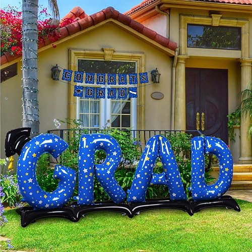 Miniatura 6 de Decoraciones de fiesta de graduación, frase de globo de aluminio azul de pie "Grad", suministros perfectos para fiestas de graduación en interiores