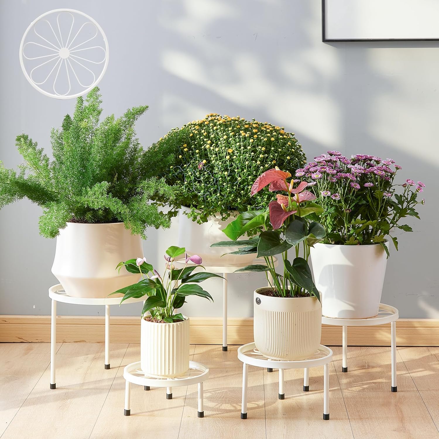 Plant Stand,5 Pack Heavy Duty Flower Pot Stands,Metal Decoration Racks,Round Plant Shelf for Planter Outdoor and indoor (White)
