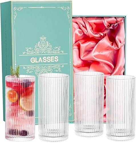 Vasos vintage para beber Art Deco Collins, vasos de cóctel acanalados, juego de 4 vasos de vidrio estilo origami, vasos altos, cristalería ondulada
