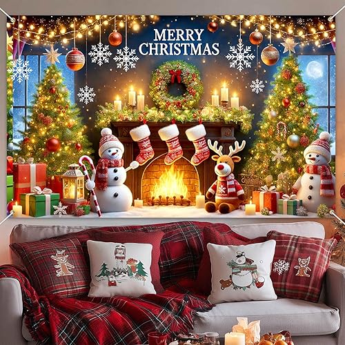 Miniatura 5 de Pancarta de fondo de Navidad, escena de chimenea con muñeco de nieve, reno, medias, guirnalda, árbol, regalos, decoración de fiestas, 71 x 43