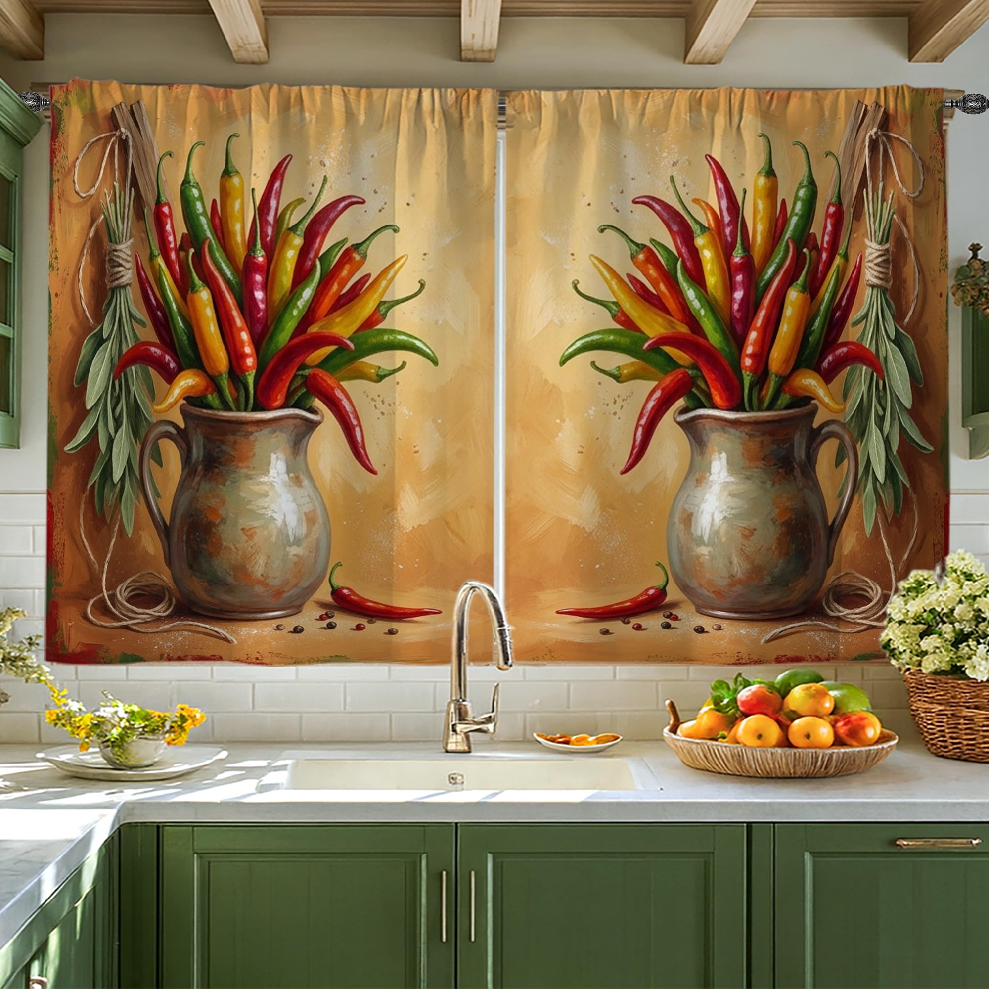 Rideaux de cuisine piments feuilles vertes decoration fenetre salle a manger rustique