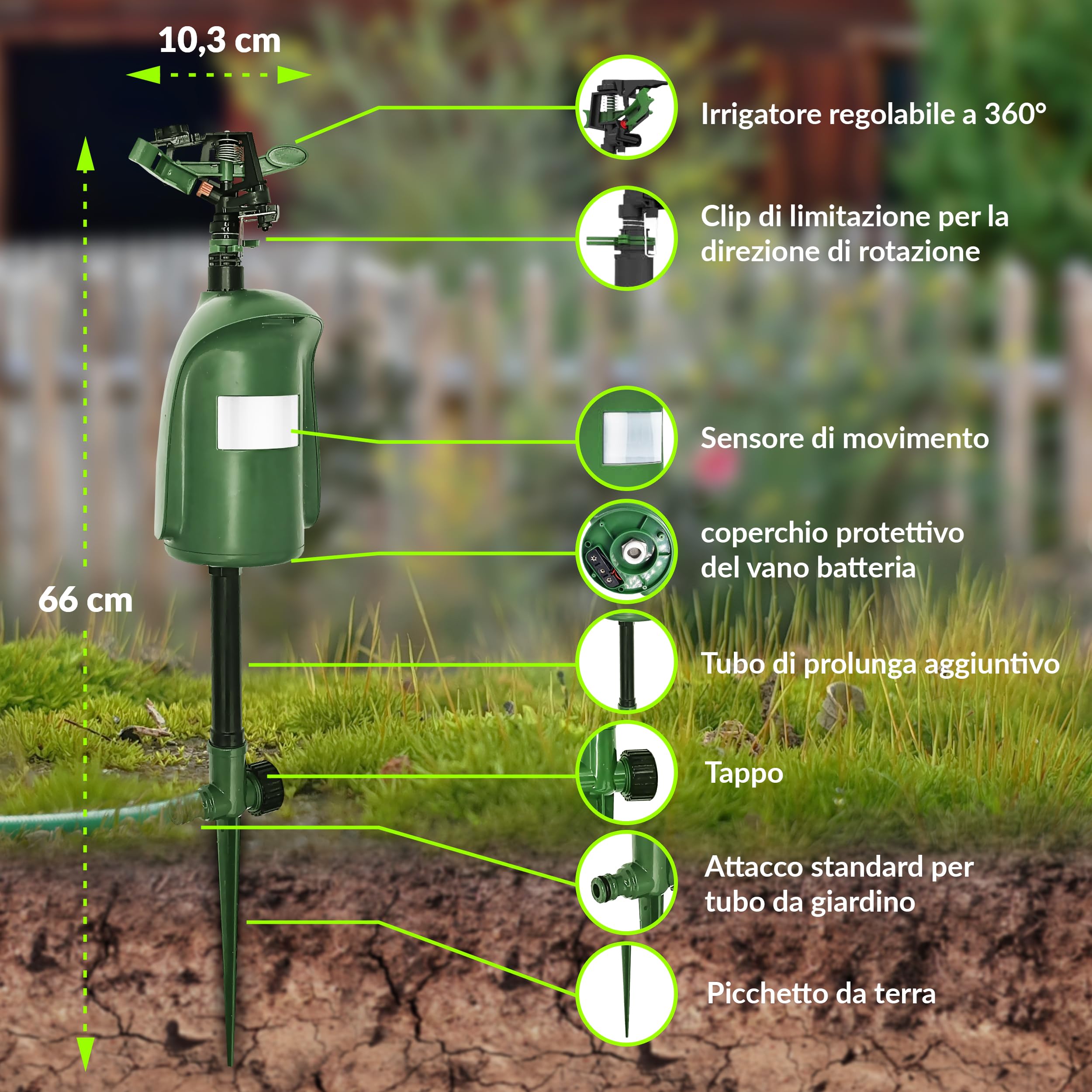 ISOTRONIC dissuasore animali getto d'acqua gatti aironi martore rilevatore movimento 120° raggio regolabile giardino laghetto 2 pezzo efficace esterno spruzzatore automatico difesa protezione stop