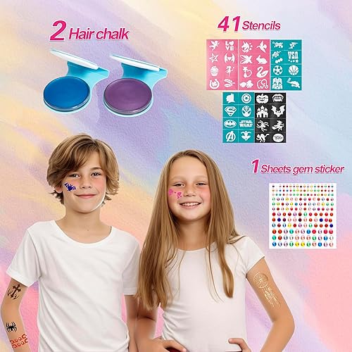 Miniatura 5 de Maydear Kit de pintura facial para niños, paleta de maquillaje a base de agua de 20 colores con plantillas, purpurina, pastel dividido de arcoíris,