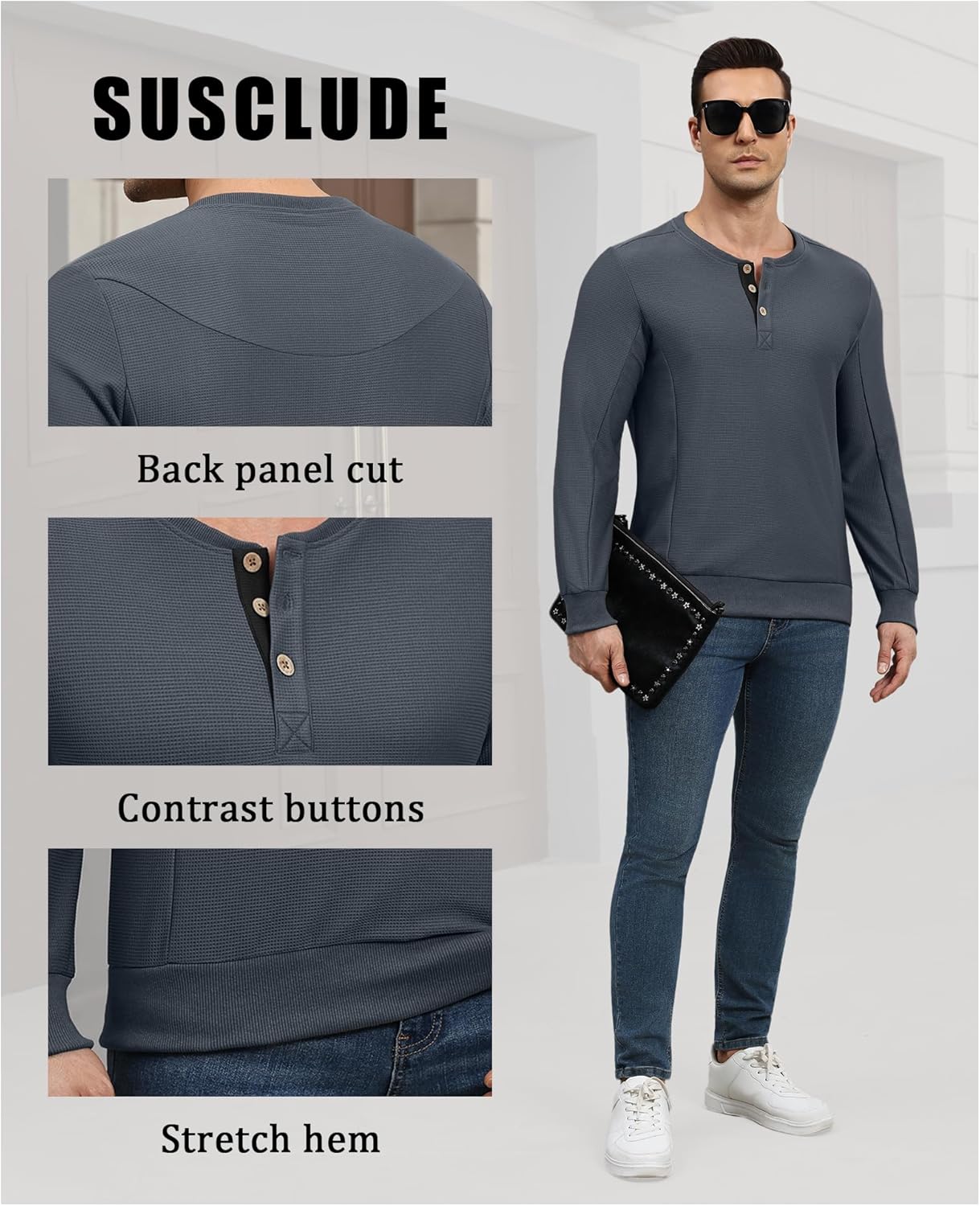 Susclude Mens Long Sleeve Henley Shirts Waffle Comfy Basic Stylish Button Down Pullover V Neck Casual Tops Fall Winter - Image 6