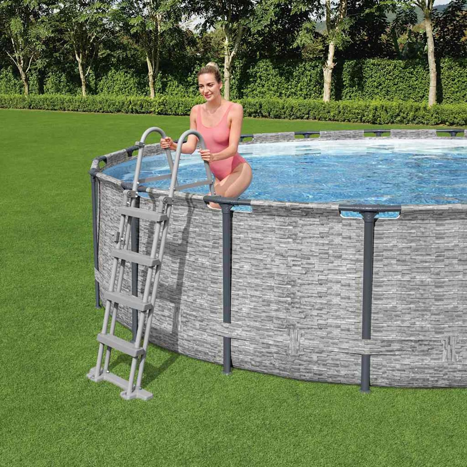 Fasba Escalera de Seguridad para Piscina Flowclear de 4 peldaños: Acceso fácil y Seguro a Piscinas elevadas, Resistente al óxido y con Plataforma Protectora Modelo FCZJ-93340ES
