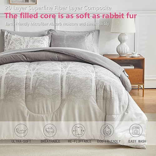 Miniatura 6 de AIKASY Bed in a Bag - Juego de edredón Queen de 7 piezas, diseño de árbol degradado gris, edredón reversible para todas las estaciones (1 edredón, 1