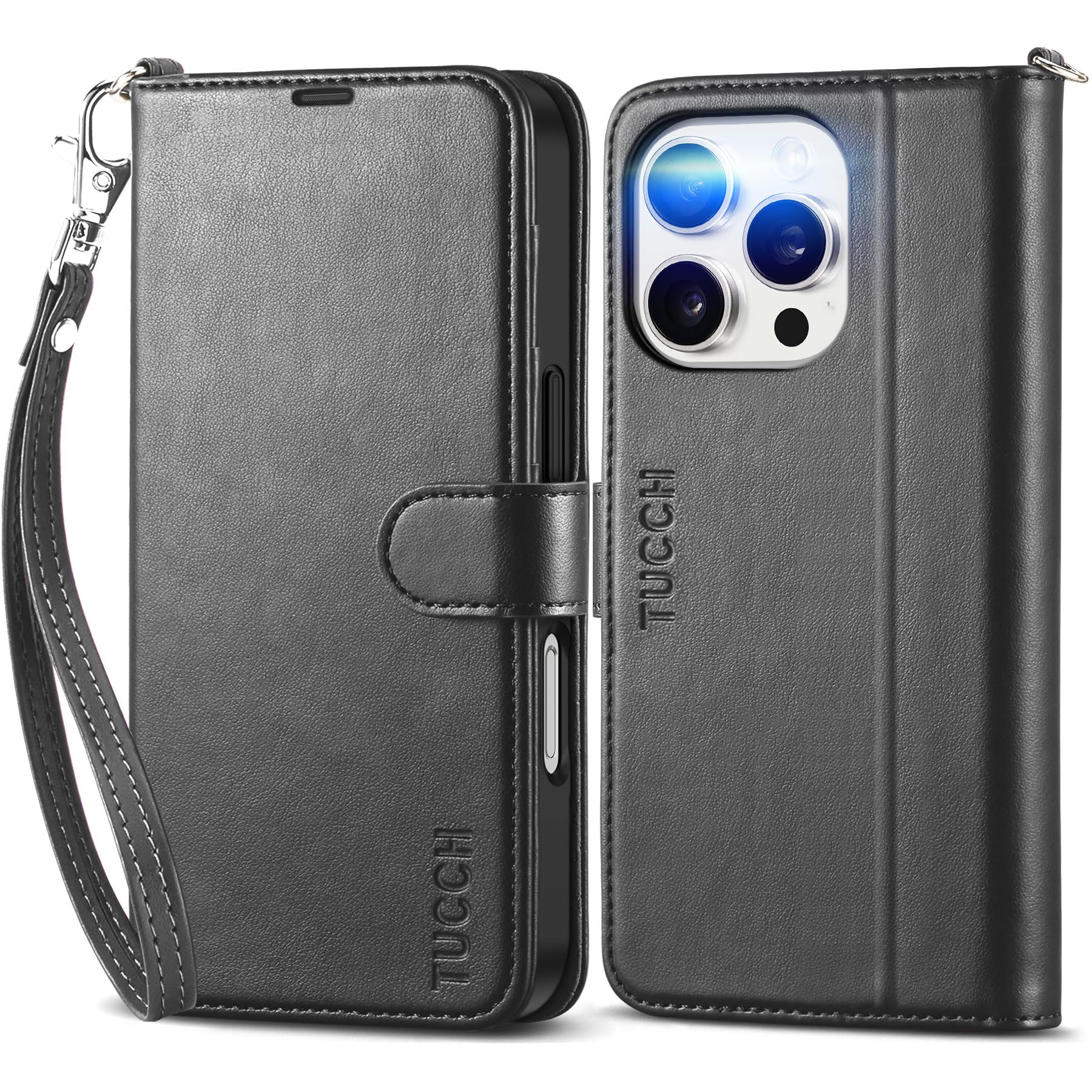 TUCCH Case Wallet for iPhone 16 Pro, [Wrist Strap] RFID Blocking 4 Card Slots Kickstand [Shockproof TPU Shell], PU Leather Magnetic Flip Cover