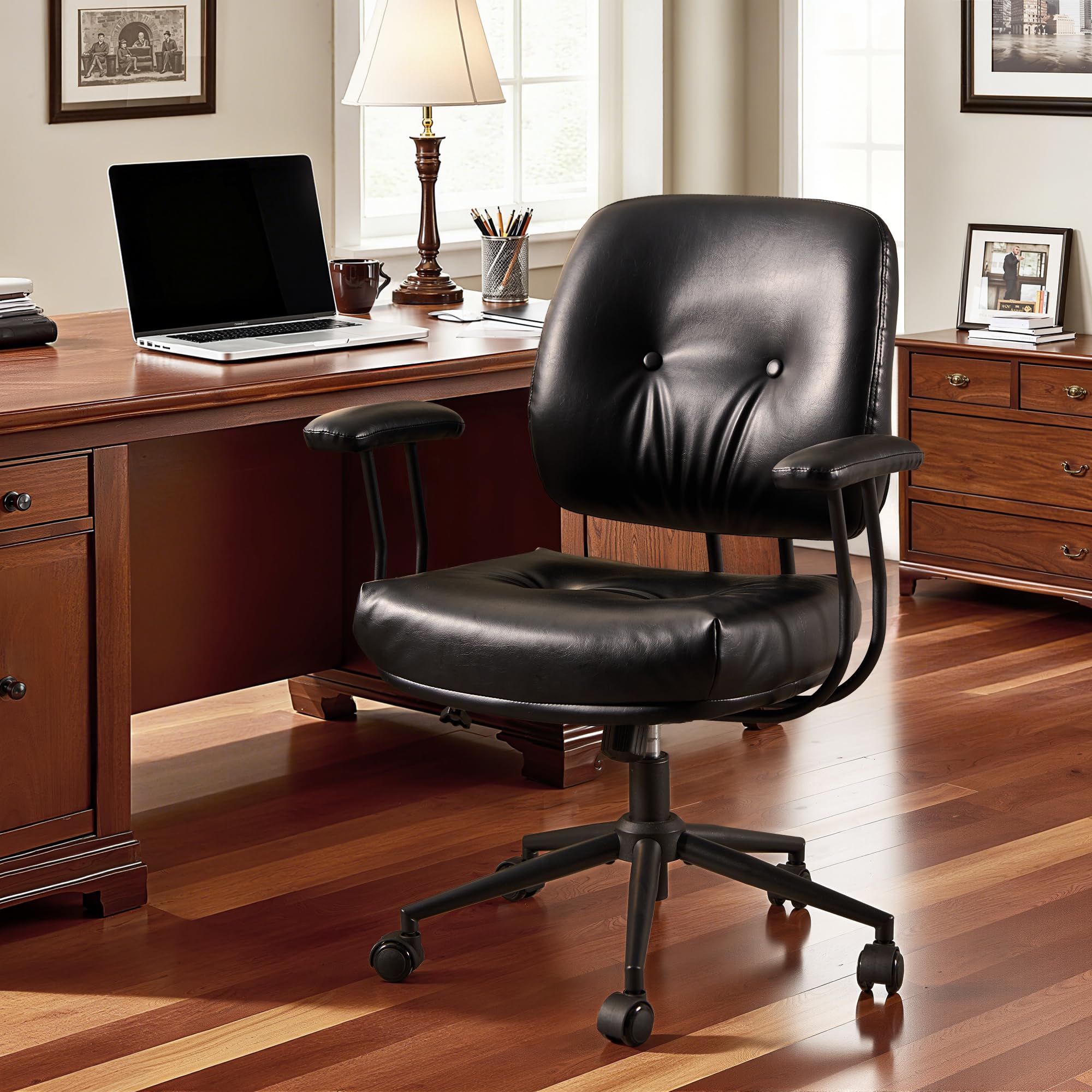 Leather Home Office Chair, Mid Back Ergonomic Desk Chair with Lumbar Support, Mid Century Modern Deep Seat Swivel Rocking Computer Chair, Black