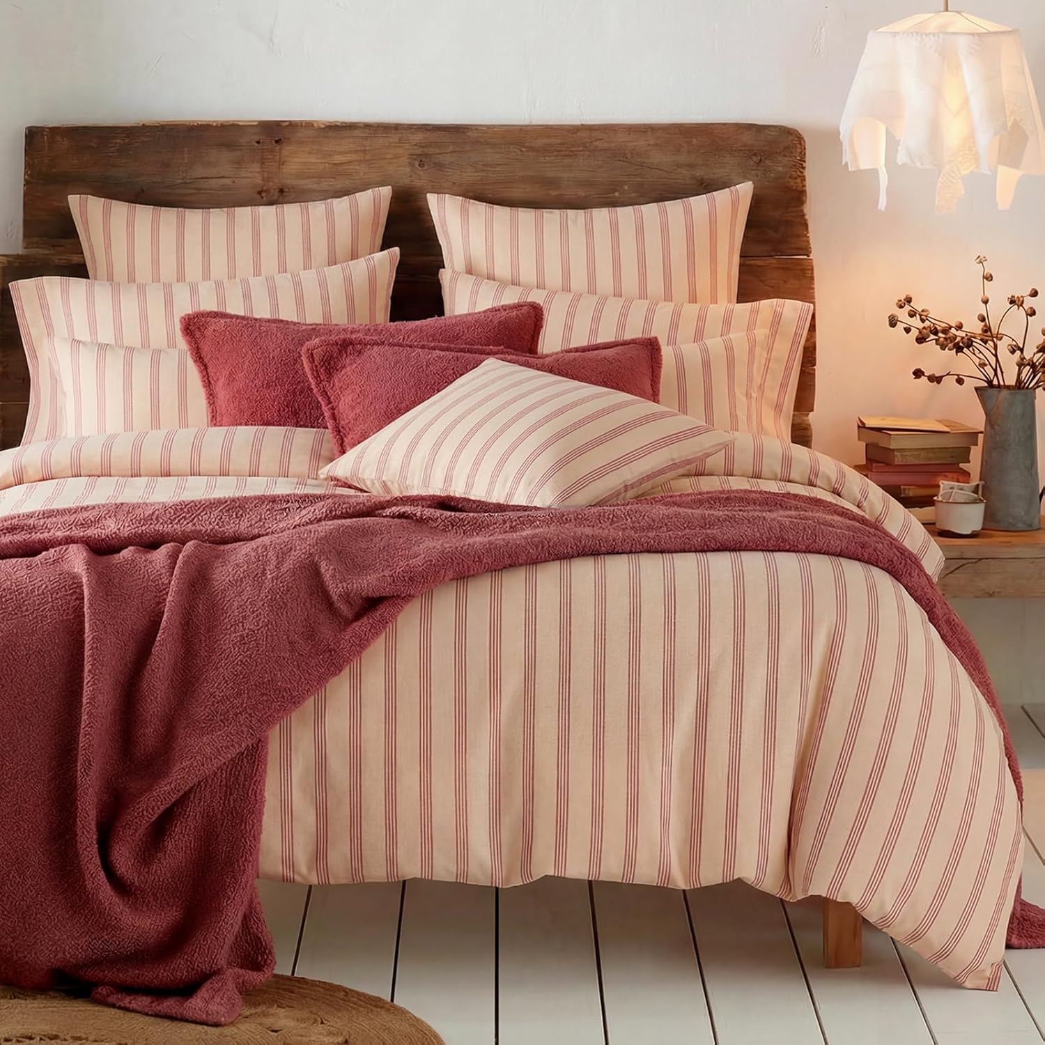 Bedbay 100% Cotton Striped Duvet Cover Set Queen Size, Warm Apricot Bedding Set, 100% Cotton Sateen, Silky Soft Cozy 3 Piece Duvet Cover for All Seasons