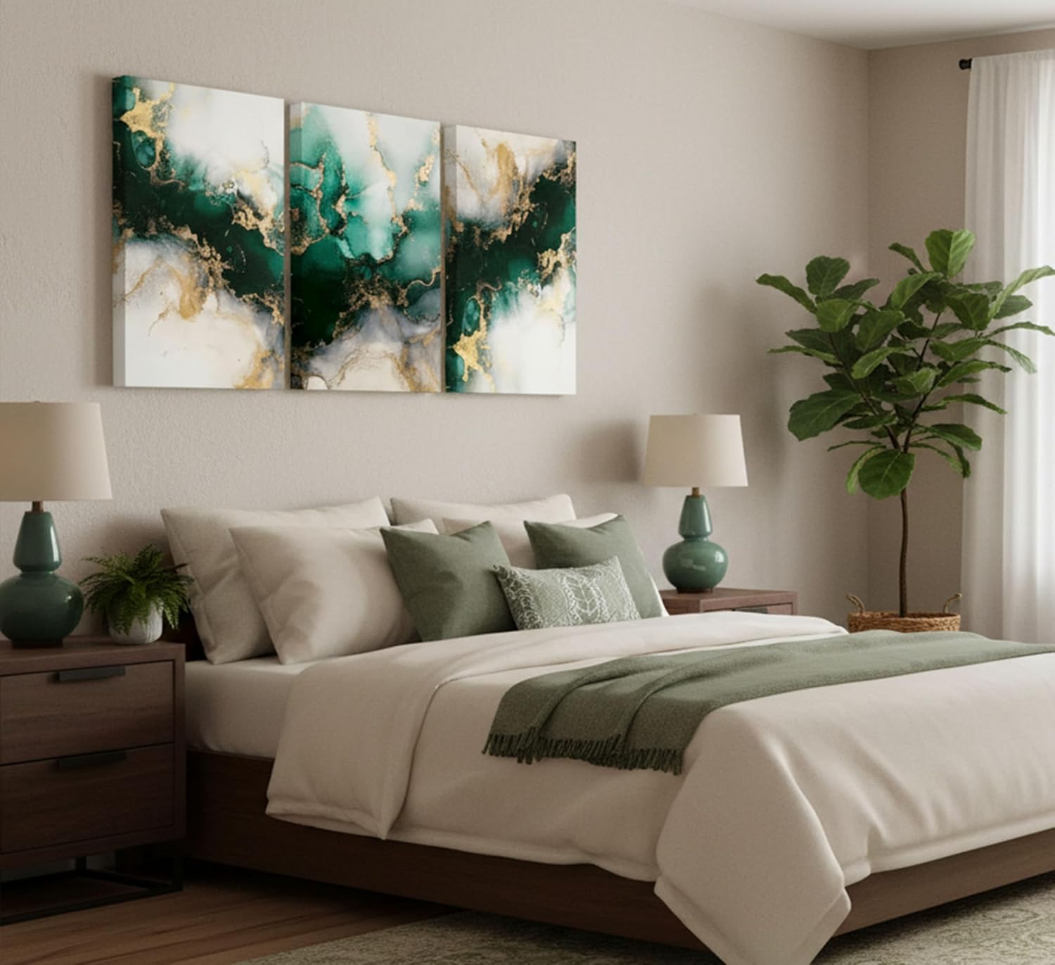 3 Piecs Emerald Green and Gold Canvas Wall Art Modern Abstract Glam Fluid Marble Painting Pictures Living room Wall Decor Posters Prints for Bedroom Bathroom Office Home Decoration