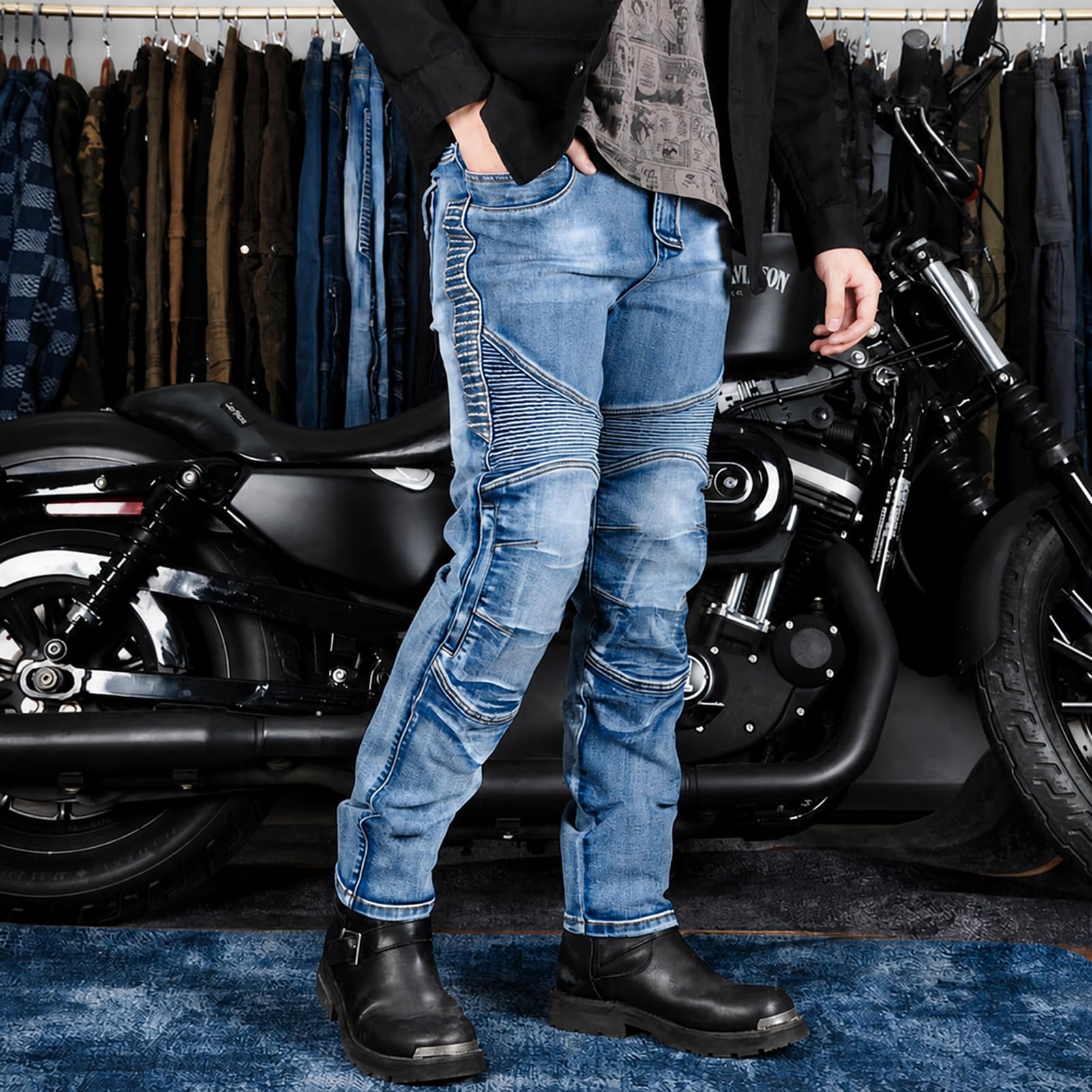 Jeans da Moto da Uomo con Protezioni Rimovibili per Ginocchia e Anche