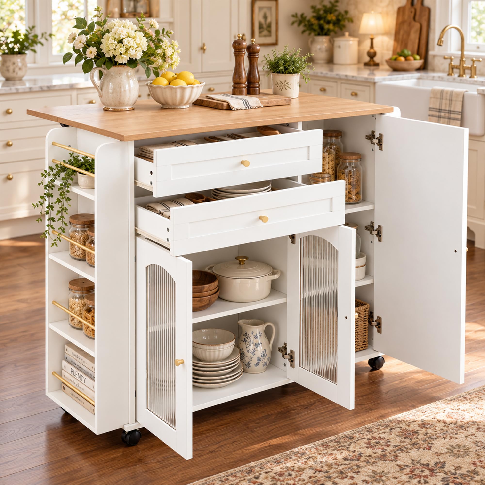Isla de cocina con encimera plegable, carrito de servicio móvil con ruedas con 2 cajones/3 puertas, estante lateral y gran espacio de almacenamiento, para cocina, comedor, color blanco