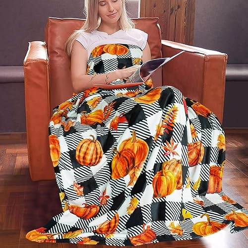 Miniatura 7 de Manta de otoño a cuadros blancos y negros para sofá de 50 x 60 pulgadas, acogedora manta de franela de otoño con hojas de calabaza de otoño y mantas