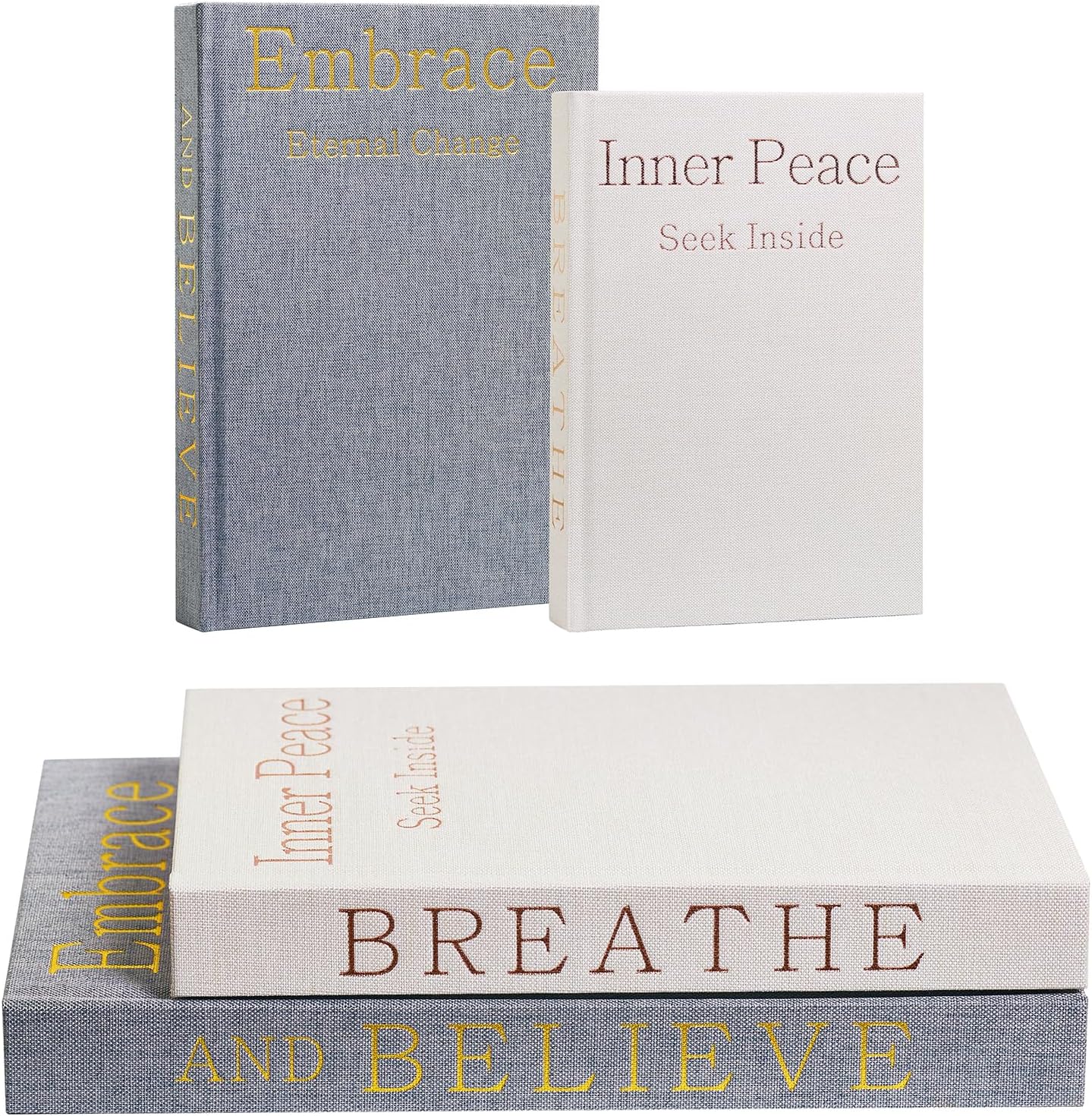 Real Pages Decorative Books Genuine Linen Gold Copper Foiling Engraved Books for Aesthetic Decoration Home Decor Bookshelf Coffee Table Bedside Table Mantle Decor, Set of 2 Faux/Fake Books