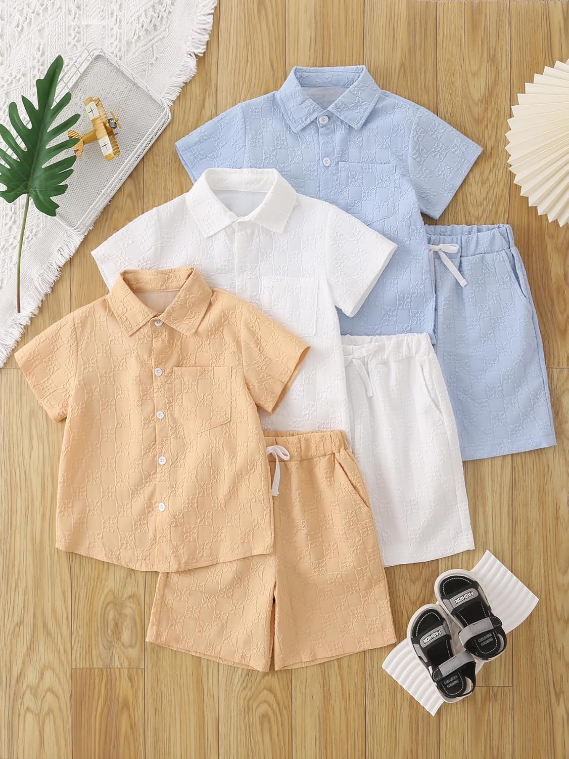 Boys 6 Pieces Summer Beach Outfits Short Sleeve Button Down Shirts and Shorts Vacation Texture Sets for Kids - Image 7