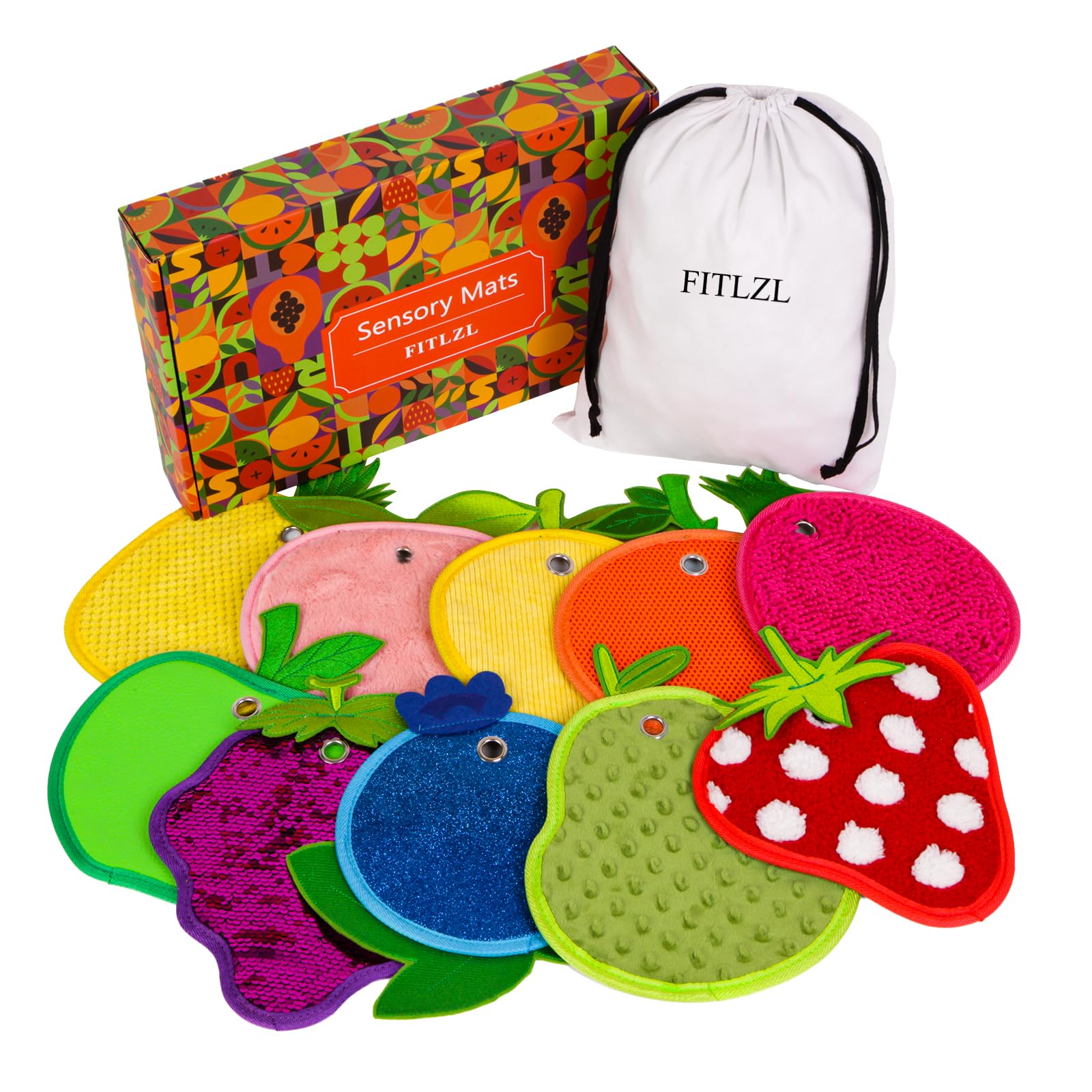 FITLZL Sensory Mats, Fruit Shaped, Assorted Textured Sensory Tiles for Kids and Autistic Children, Sensory Toys for Tactile Play and Multi Sensory Exploration, Sensory Wall and Floor Panels, 10 Piece.