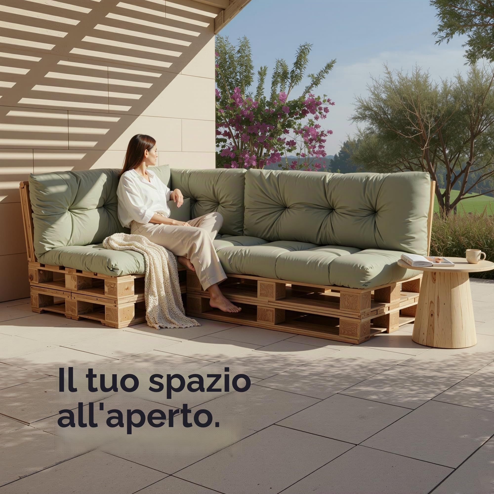Set di Cuscini per Pallet – Cuscino D’assise per Pallet Europei – Imbottitura con Schiuma Granulare Poulirette – Include Cuscino D’assise 120x80cm + Schienale 120x40cm