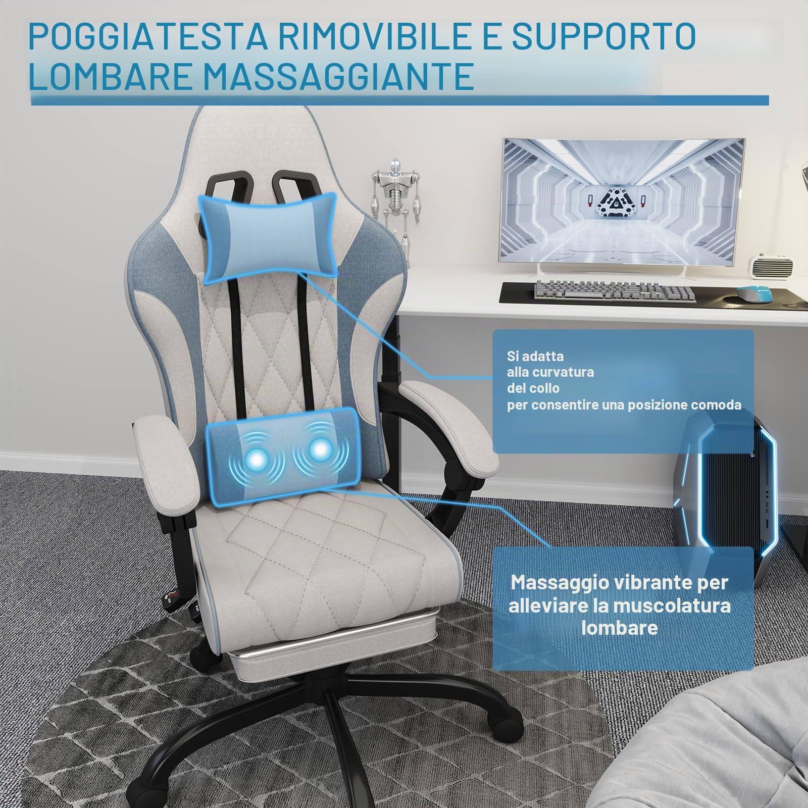 JUMMICO Sedia gaming in tessuto con imbottitura a molla, Sedie ufficio ergonomica con massaggiatore, sedia da gaming con poggiatesta, poggiapiedi, regolabile in altezza, portata 150 kg, Grigio & Blu