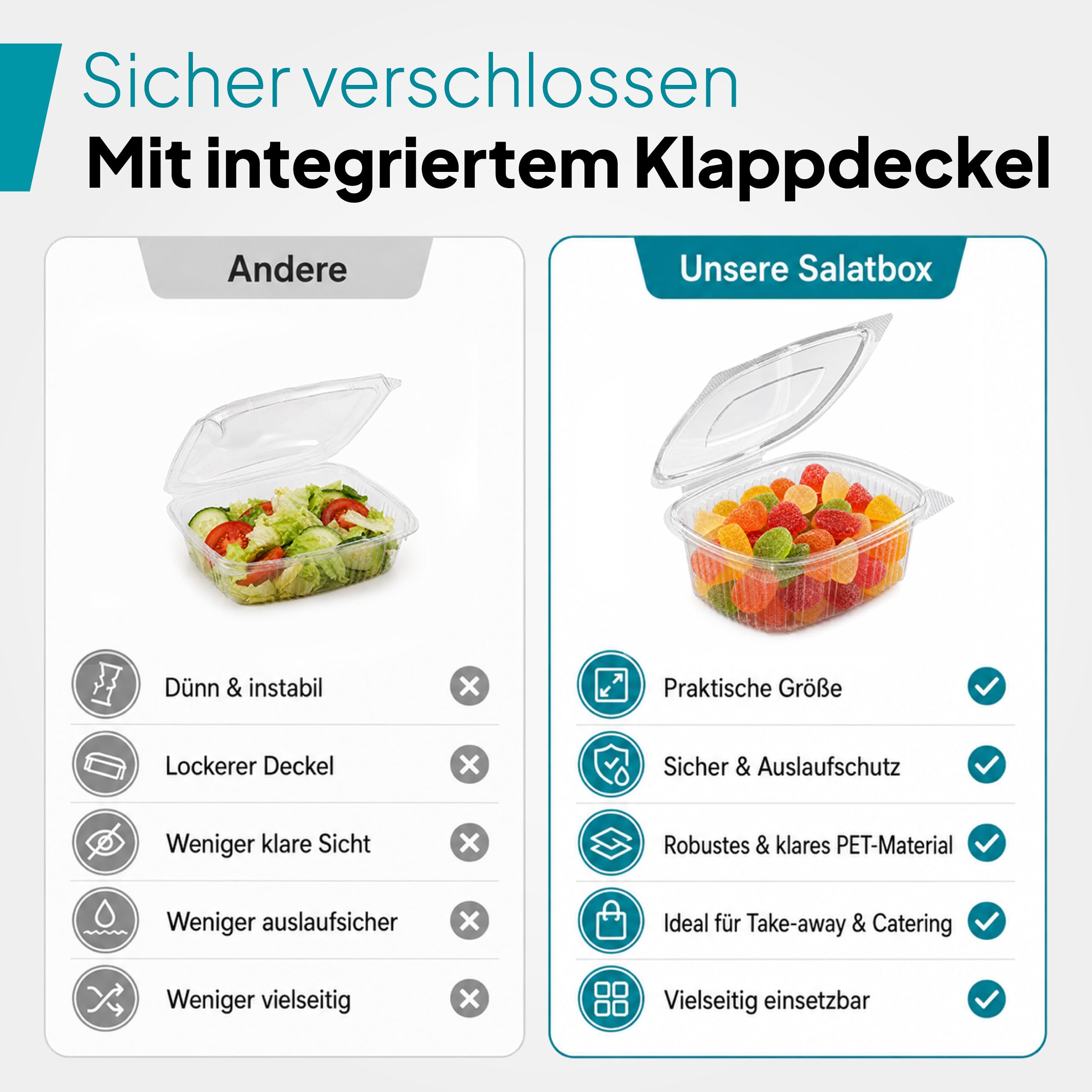 Commerline 300 Pezzi Ciotole Rettangolari da 1500 ml con Coperchio | Contenitori a Conchiglia in Plastica Trasparente Alimenti | Contenitori Preparazioni Fredde Servizio di Consegna, Asporto