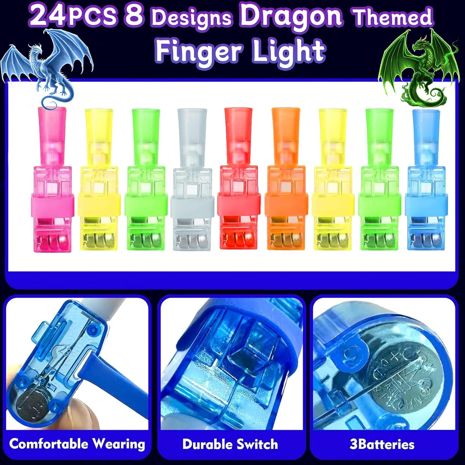 24PCS Dragon Party Favors Finger Lights, 8 Designs Light Up Finger Lights for Kids Birthday Party Favors, Goodie Bag Stuffers Bulk Party Favors, Light Up Party Favors for Dragon Birthday Decorations