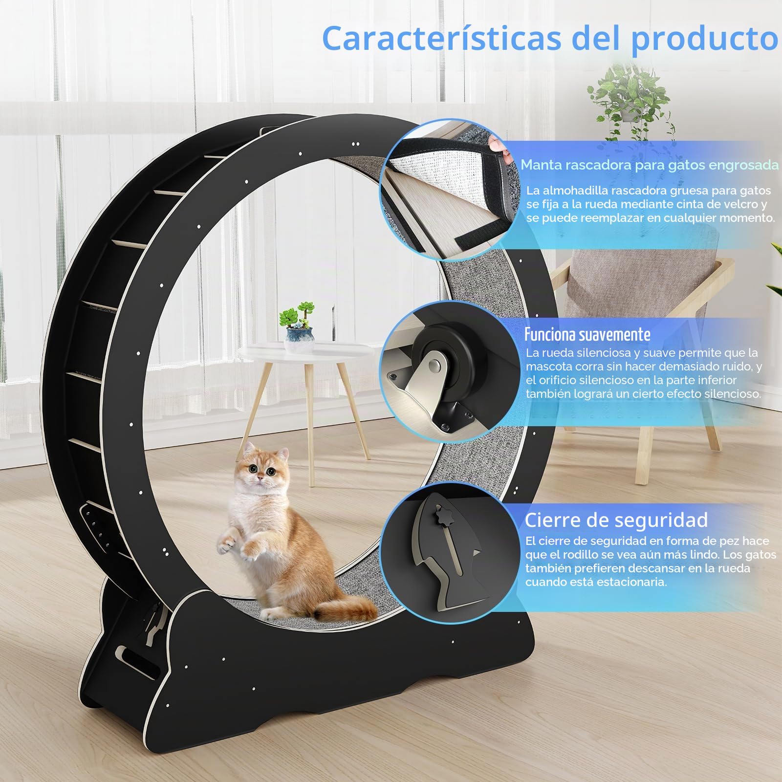 Rueda de Correr para Gatos, 110cm Rueda para Gatos de Madera, Grande Rueda Ejercicios de Gatos de Interior, Súper Silencioso, Juguete para Mascotas Gatos (Negro)