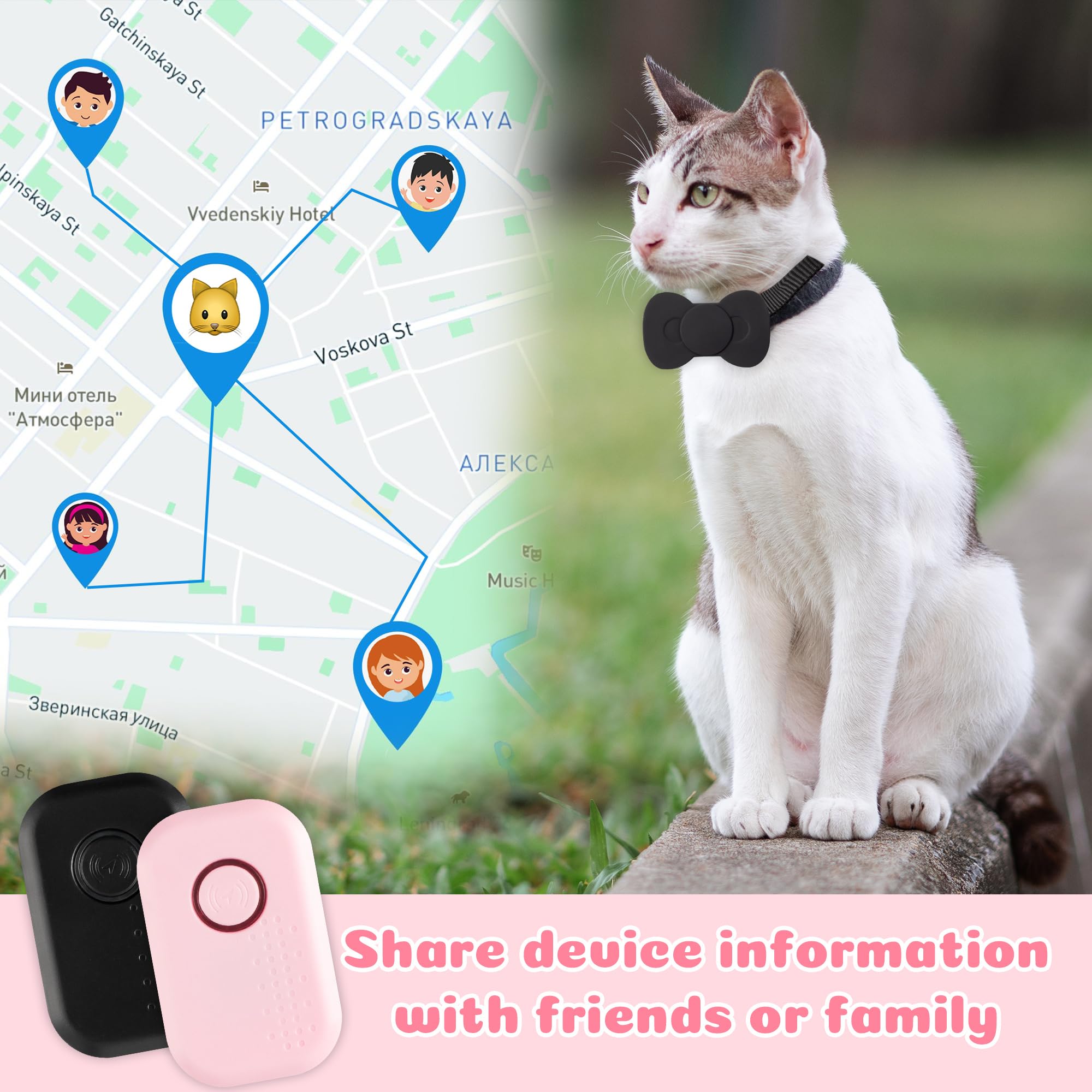 SmartTag - Positionneur de collier pour chat - Pour Apple et Android - Suivez l'emplacement de votre animal de compagnie - Noir et rose