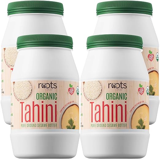 Roots Circle USDA Organic Tahini Paste | 100% Pure Creamy Ground Sesame Seed Paste for Hummus, Tahini Sauce & Dressing | Vegan, Kosher, Non-GMO, Gluten & Peanut-Free, Keto-Friendly | 4 Jars 16 Oz