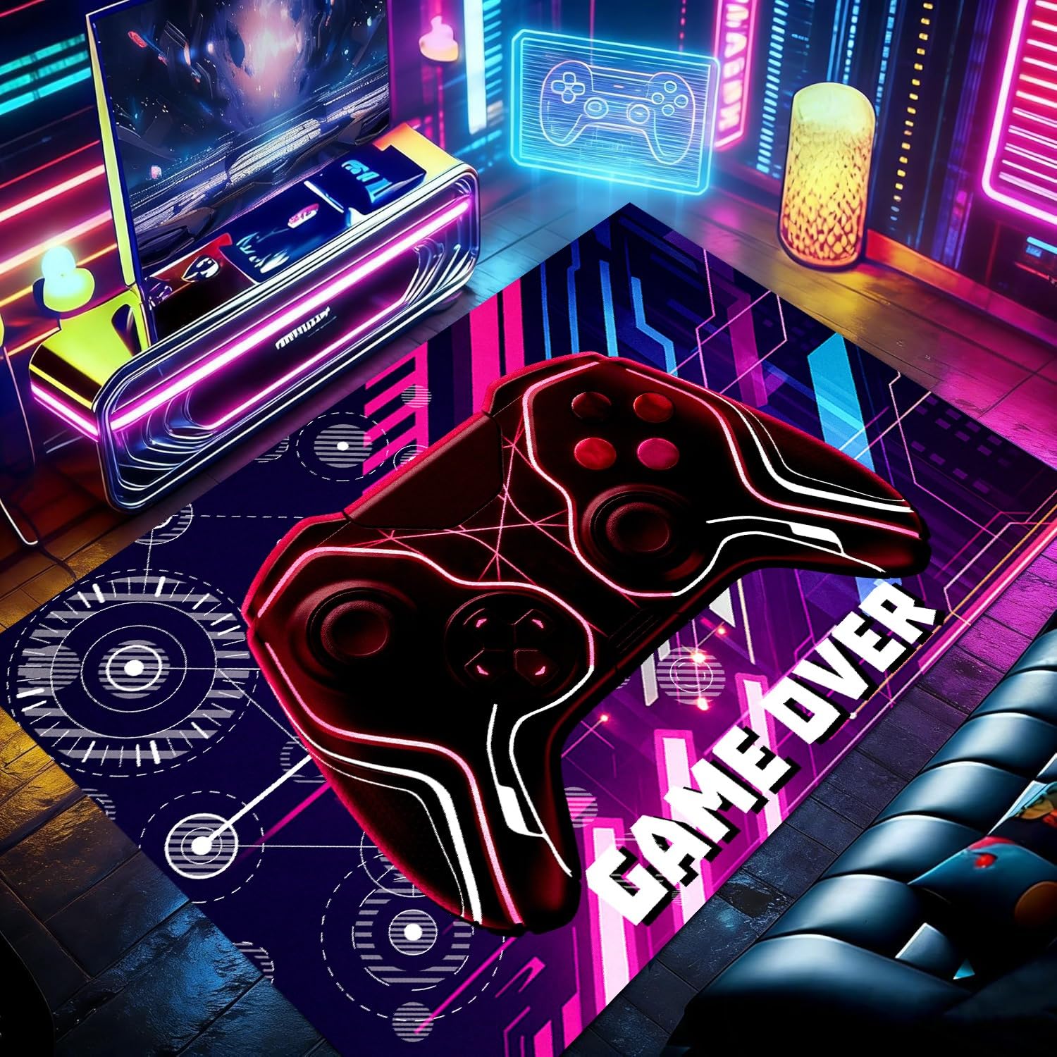 RICAUOU Gaming Area Rug, 60x90cm Featuring 3D Printed Red Game Controller Design, Washable Indoor Rug With A Non-Slip Backing and Purple-Blue Geometric Accents for Boys' Bedrooms and Playroom