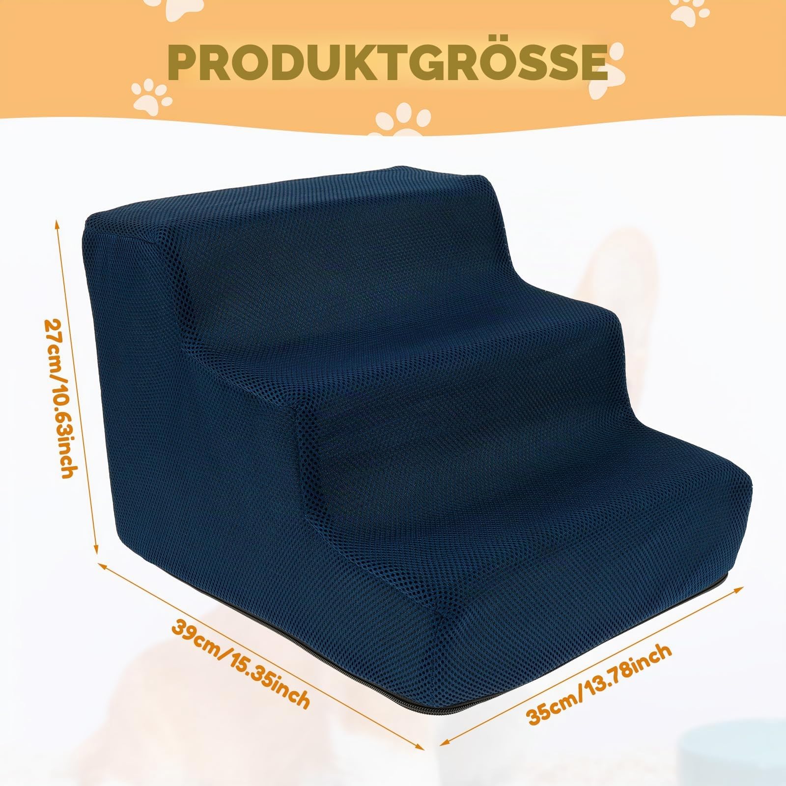 Haustiertreppe Hundetreppe 27cm 3 Stufen rutschfest mit Waschbarem 3D Cord Bezug, Hundetreppe für Kleine Hunde Hochwertige Schwamm, Hunderampe Katzentreppe, für Betten Sofas Autos