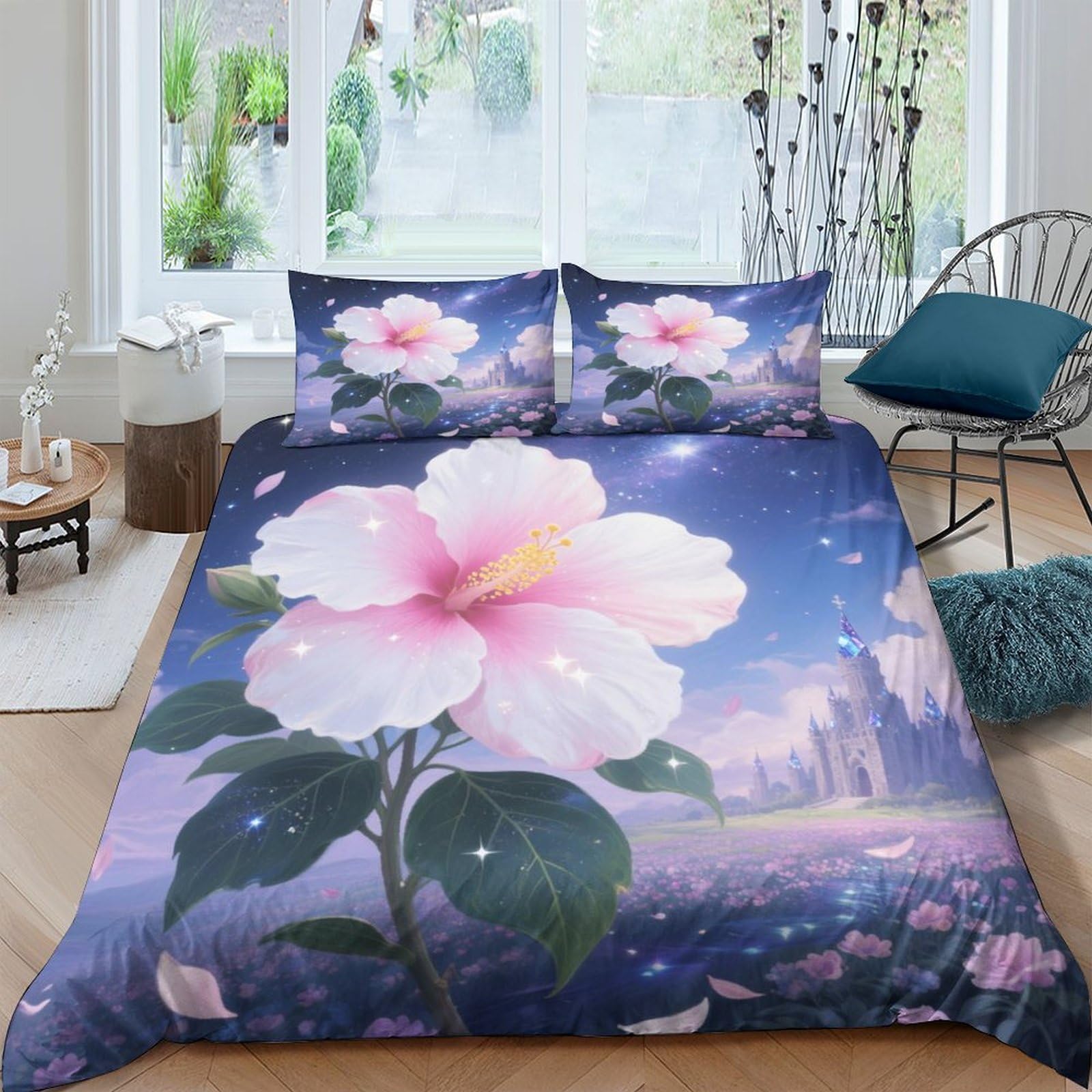 Housse de couette Hibiscus 3D douce et facile à laver pour lit double d'adolescent