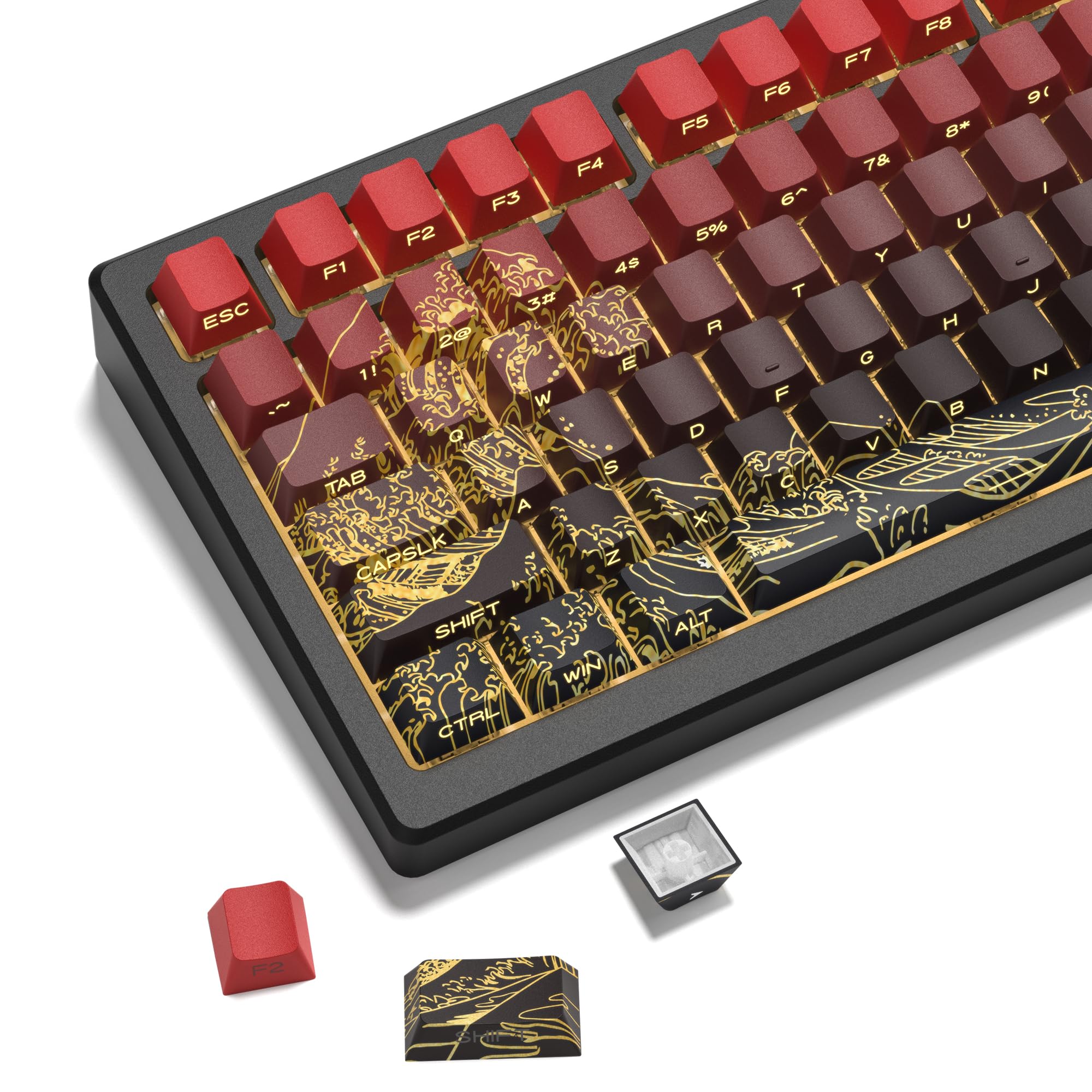 Dagaladoo Black/Red Kanagawa PBT Keycaps - Side Printed, Shine Through, Double Shot Dye-Sub, Cherry Profile for 75 Percent Mechanical Keyboard